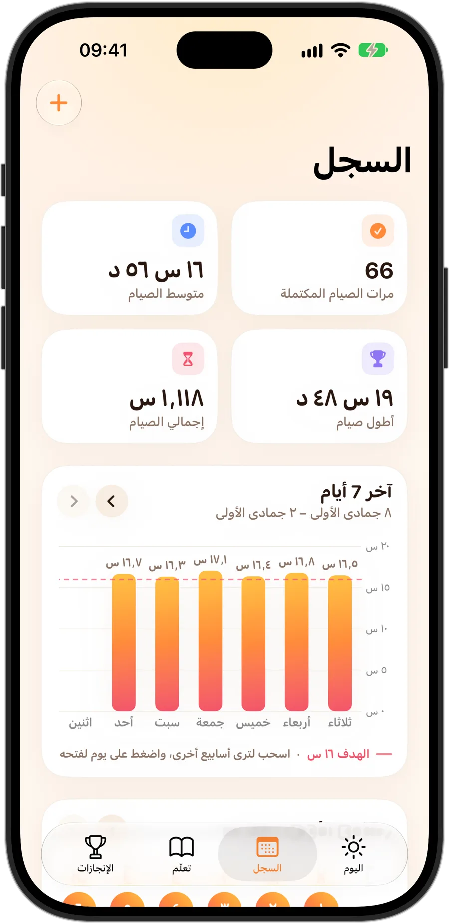تبويب السجل في Fasting Tracker على iPhone 18 Pro: 66 صيامًا مكتملًا، بمتوسط 16 ساعة و56 دقيقة، وأطول صيام 19 ساعة و48 دقيقة، و1118 ساعة صيام إجمالًا، ورسم بياني لسبعة أيام مقارنة بهدف 16 ساعة