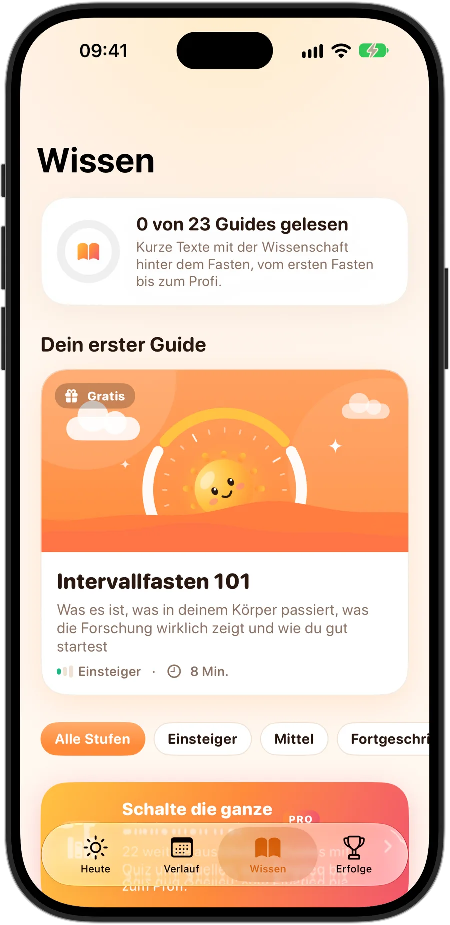 Der Tab Wissen in Fasting Tracker auf dem iPhone 18 Pro: 23 Ratgeber, beginnend mit Intervallfasten 101
