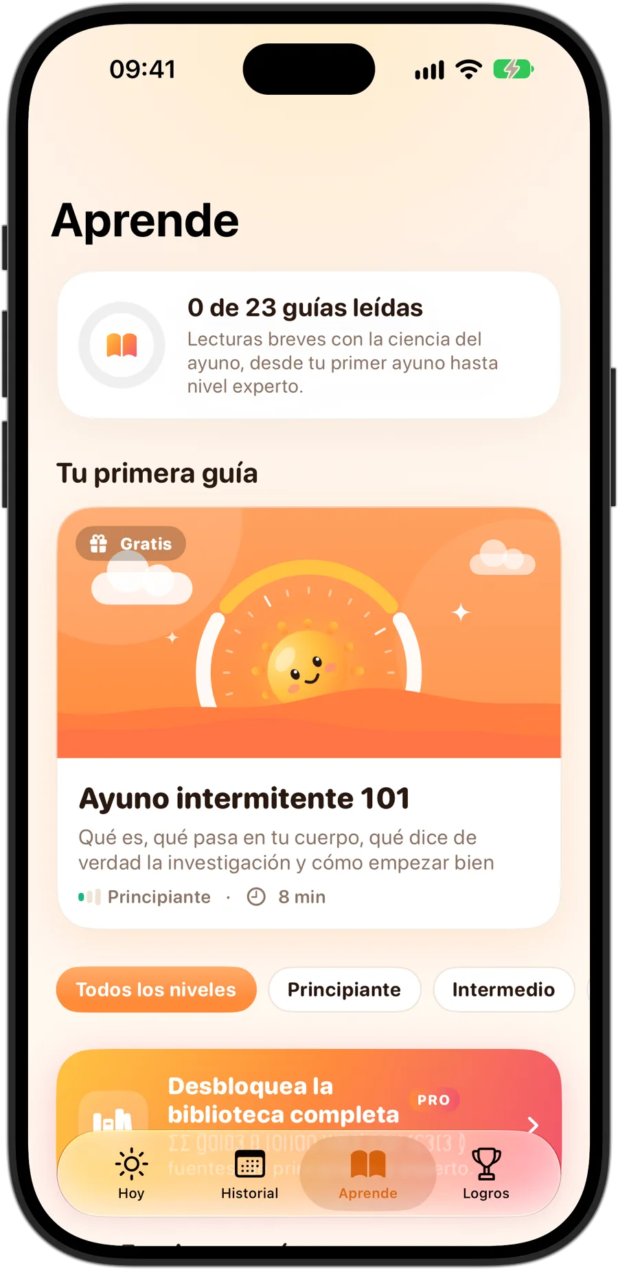 La pestaña Aprende de Fasting Tracker en un iPhone 18 Pro: 23 guías, empezando por Ayuno intermitente 101