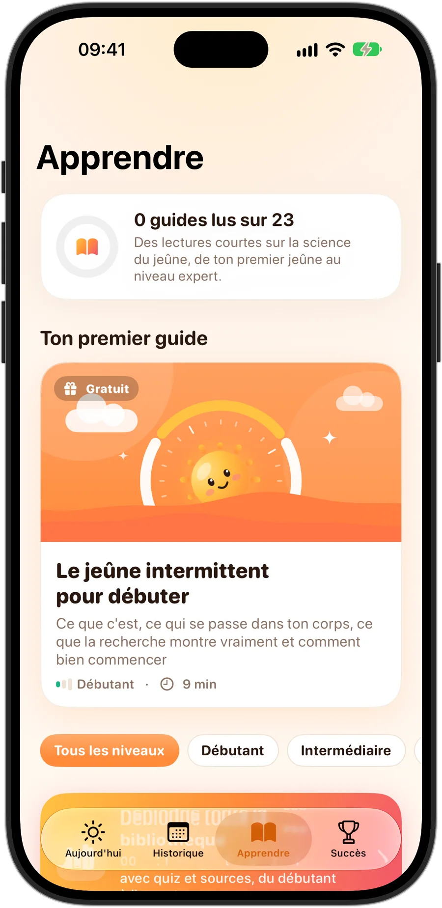 L'onglet Apprendre de Fasting Tracker sur iPhone 18 Pro : 23 guides, à commencer par Le jeûne intermittent pour débuter