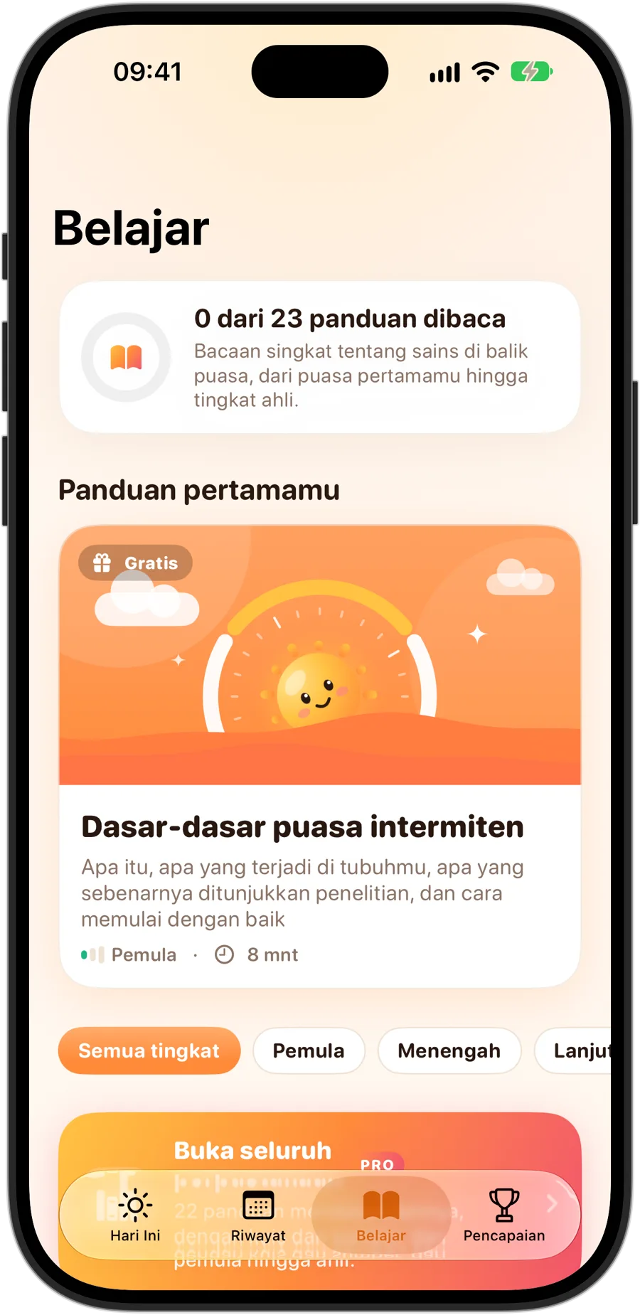Tab Belajar Fasting Tracker di iPhone 18 Pro: 23 panduan, dimulai dengan Dasar-dasar puasa intermiten