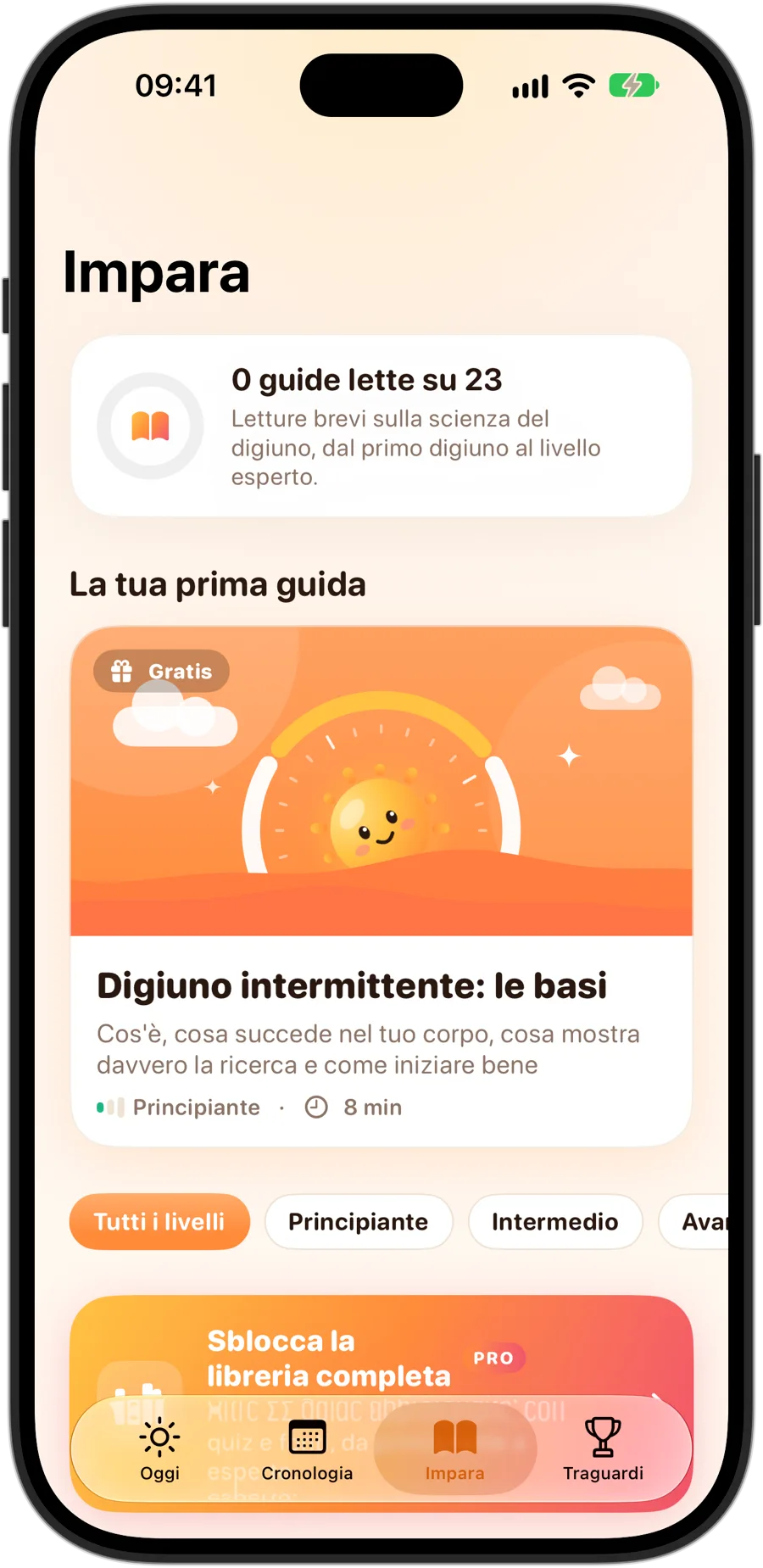 La scheda Impara di Fasting Tracker su iPhone 18 Pro: 23 guide, a partire da «Digiuno intermittente: le basi»