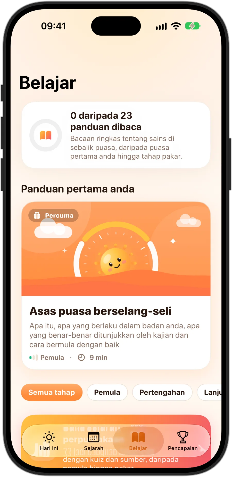 Tab Belajar Fasting Tracker pada iPhone 18 Pro: 23 panduan, bermula dengan Asas puasa berselang-seli
