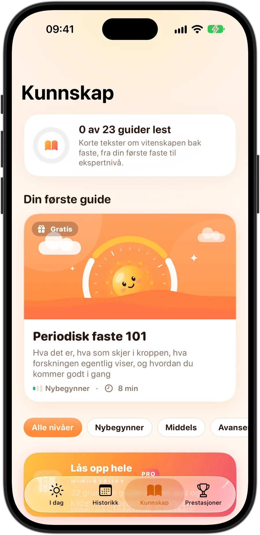 Kunnskap-fanen i Fasting Tracker på iPhone 18 Pro: 23 guider, som begynner med Periodisk faste 101