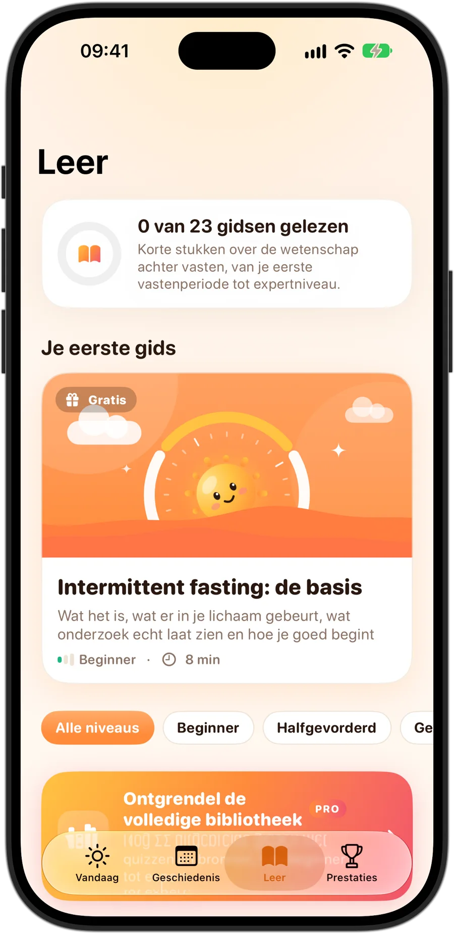 Het tabblad Leer in Fasting Tracker op de iPhone 18 Pro: 23 gidsen, te beginnen met "Intermittent fasting: de basis"