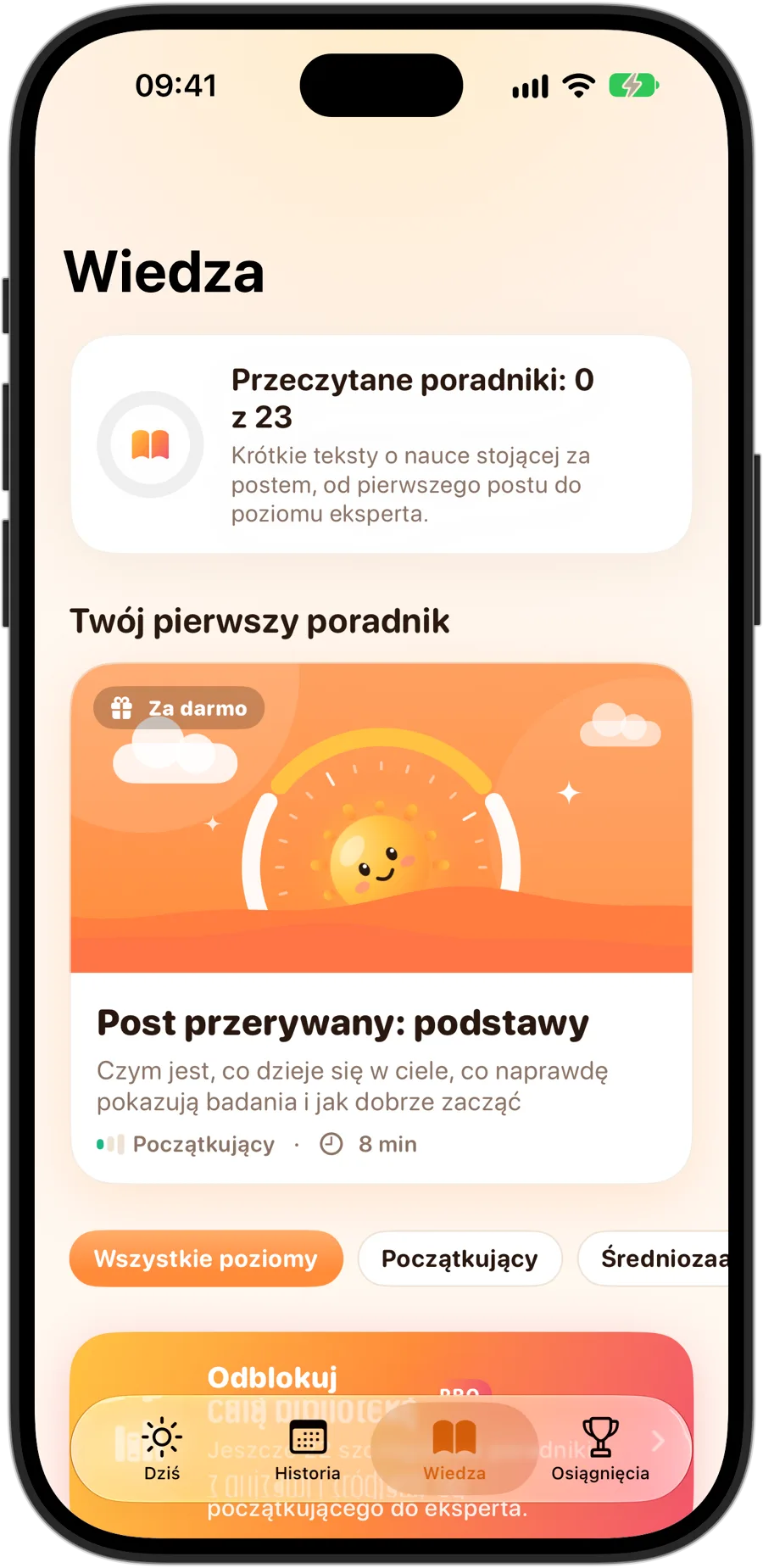 Karta Wiedza w Fasting Tracker na iPhonie 18 Pro: 23 poradniki, zaczynając od Post przerywany: podstawy