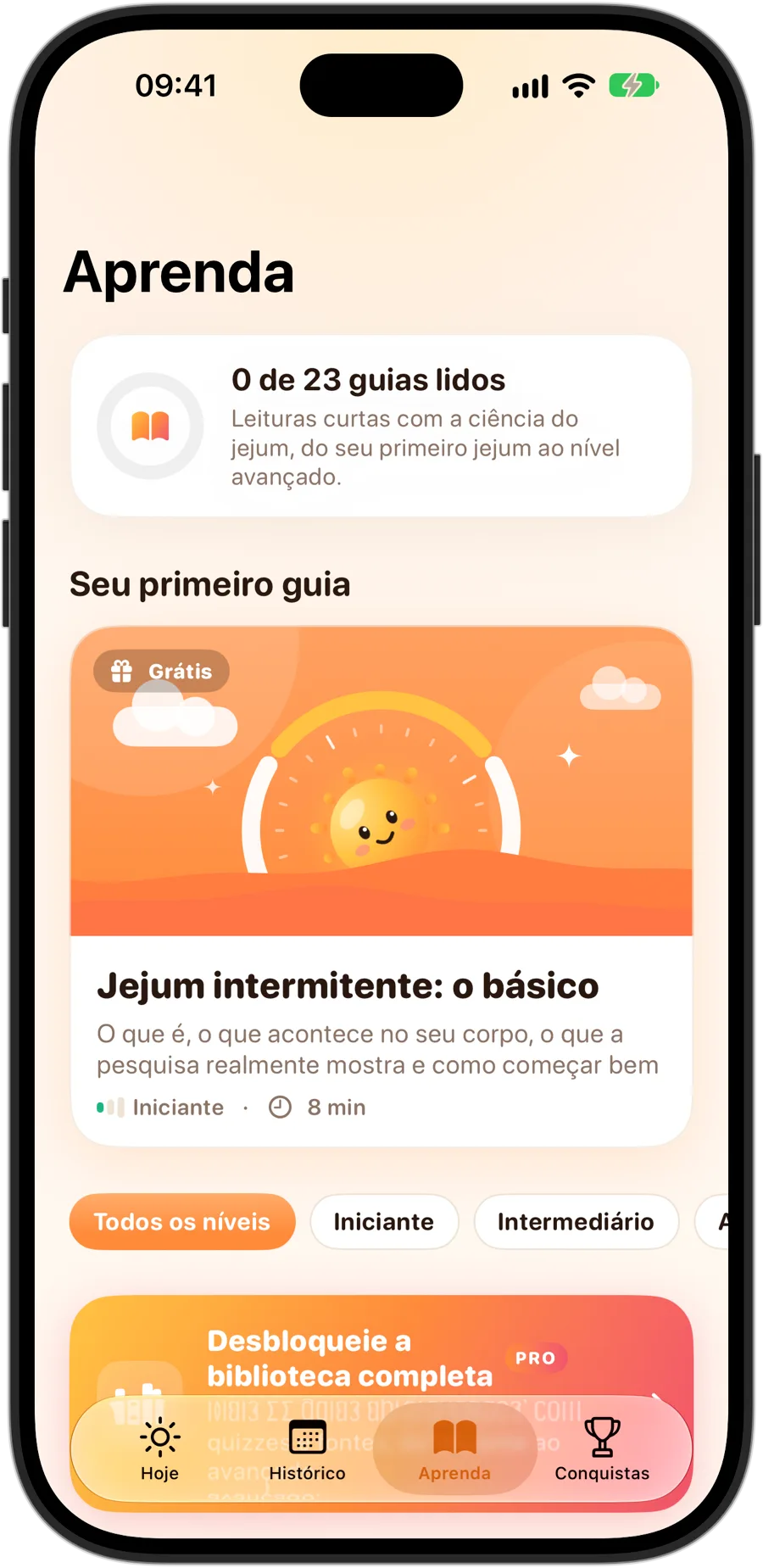 A aba Aprenda do Fasting Tracker no iPhone 18 Pro: 23 guias, começando por "Jejum intermitente: o básico"