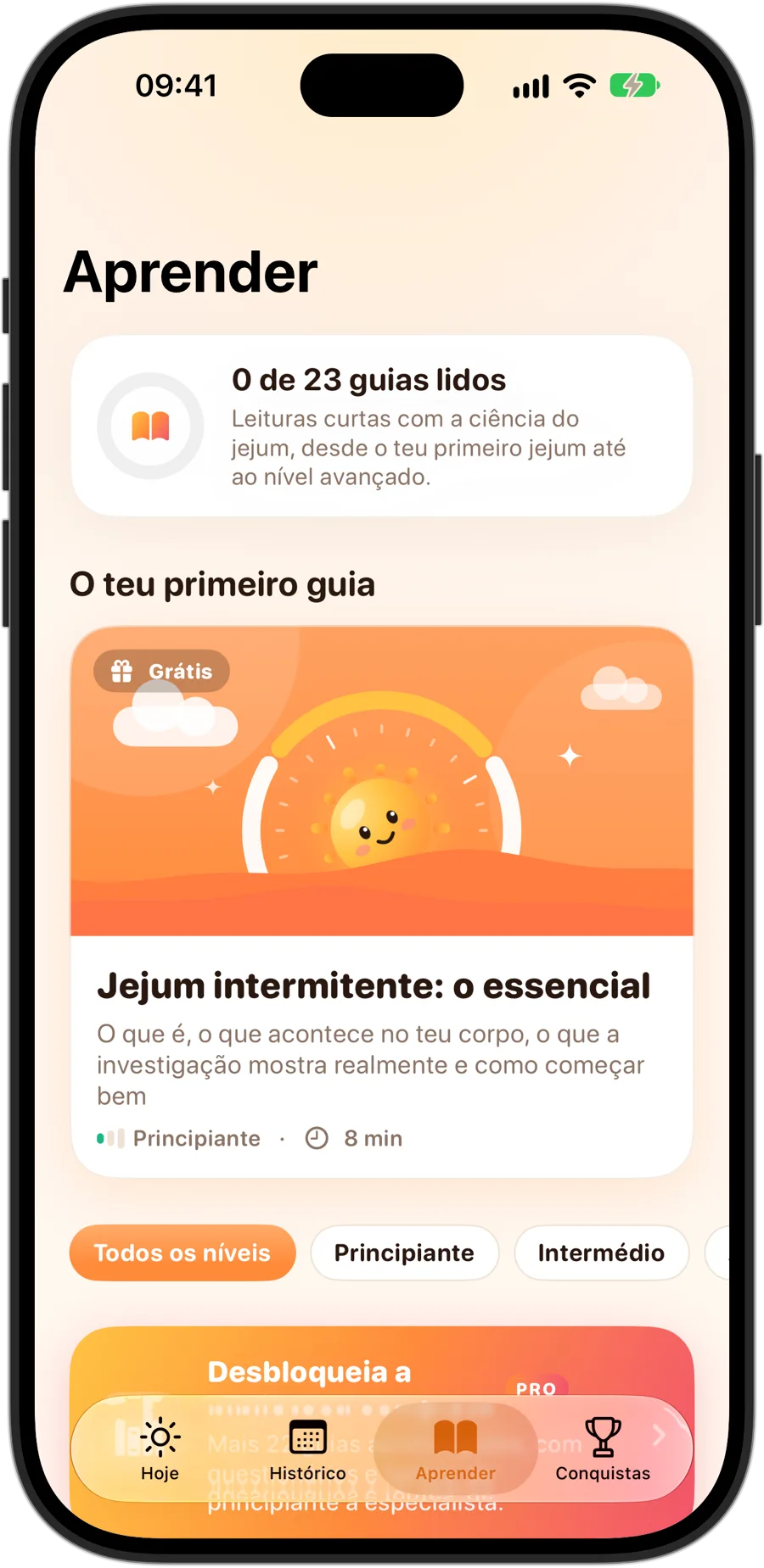 O separador Aprender do Fasting Tracker no iPhone 18 Pro: 23 guias, a começar por «Jejum intermitente: o essencial»