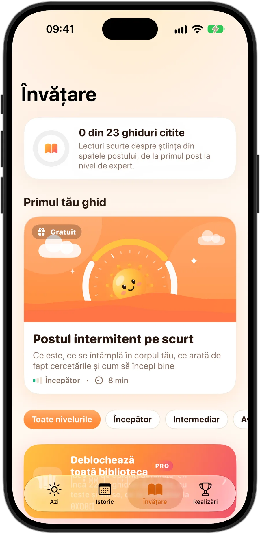 Fila Învățare din Fasting Tracker pe iPhone 18 Pro: 23 de ghiduri, începând cu Postul intermitent pe scurt