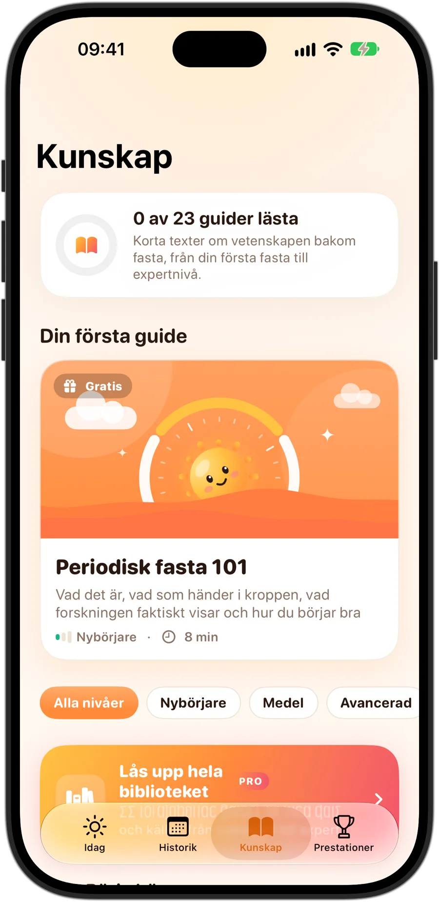 Fliken Kunskap i Fasting Tracker på iPhone 18 Pro: 23 guider, med Periodisk fasta 101 först