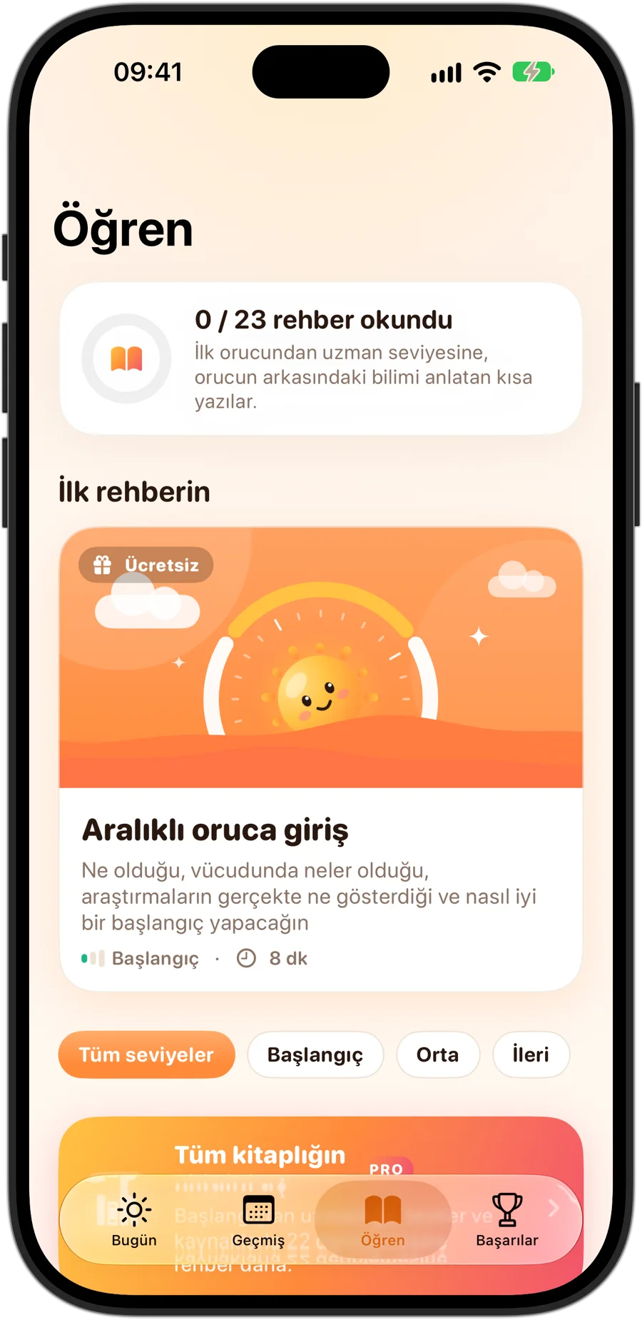 iPhone 18 Pro'da Fasting Tracker'ın Öğren sekmesi: "Aralıklı oruca giriş" ile başlayan 23 rehber
