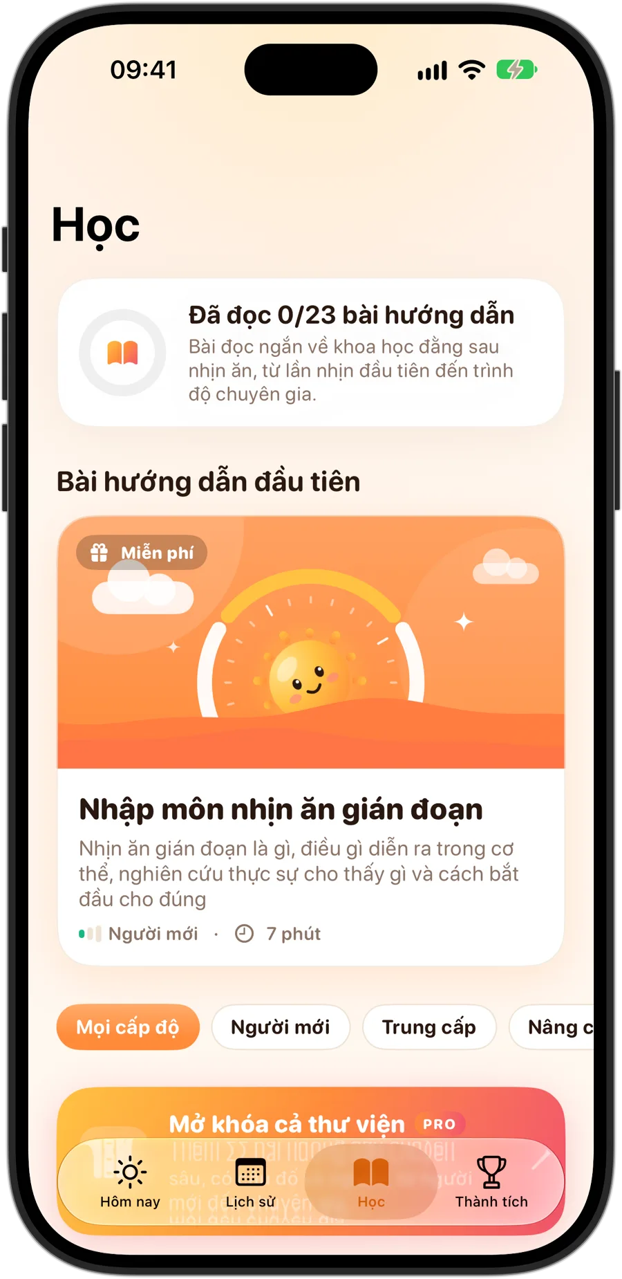 Tab Học của Fasting Tracker trên iPhone 18 Pro: 23 hướng dẫn, bắt đầu với Nhập môn nhịn ăn gián đoạn