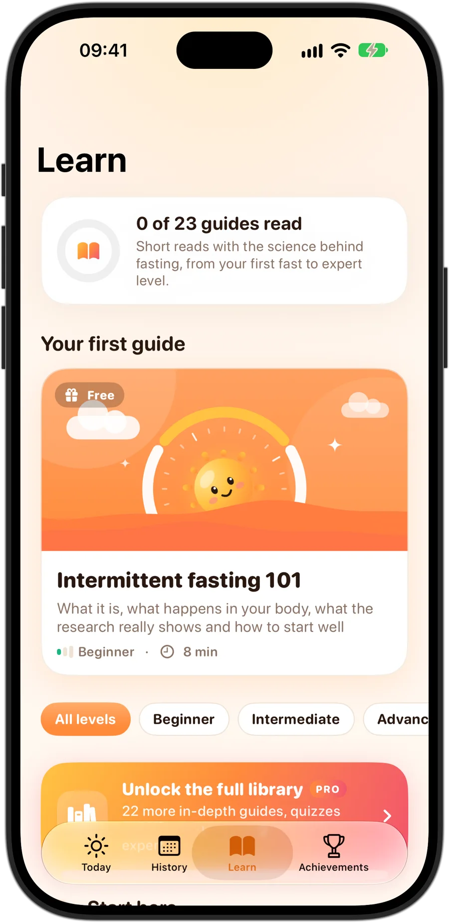 The Learn tab in Fasting Tracker on iPhone 18 Pro: 23 guides, starting with Intermittent fasting 101