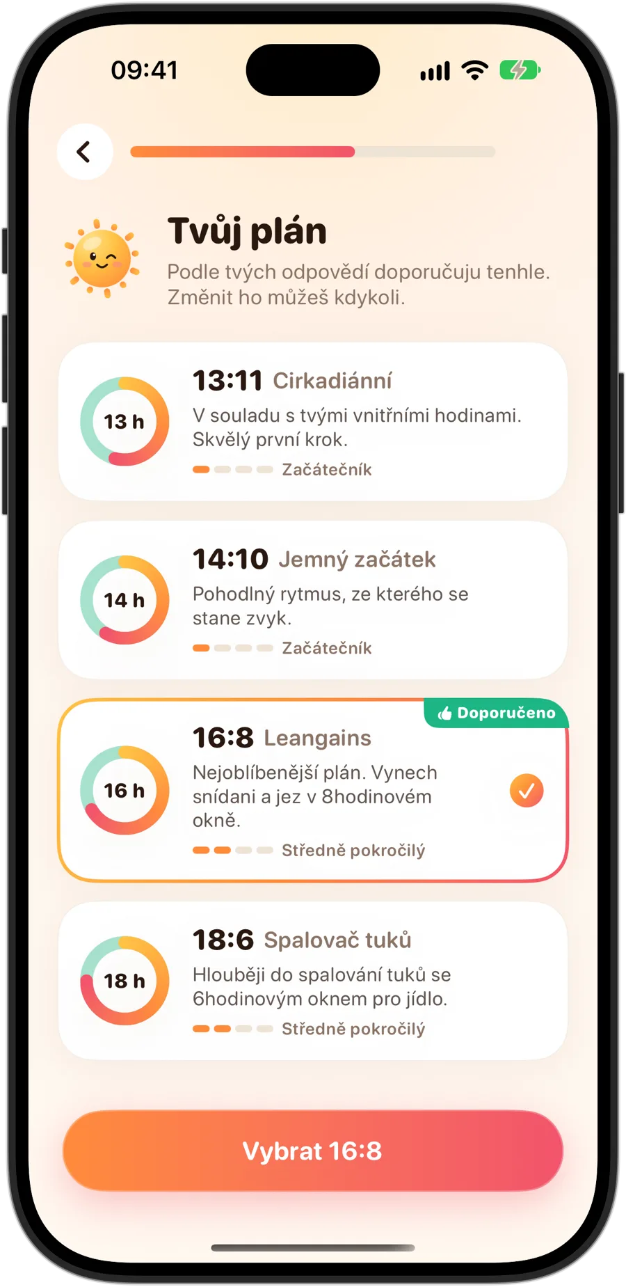 Výběr plánu ve Fasting Tracker na iPhonu 18 Pro: 13:11 Cirkadiánní, 14:10 Jemný začátek, 16:8 Leangains, doporučený a vybraný, a 18:6 Spalovač tuků, každý se svou úrovní