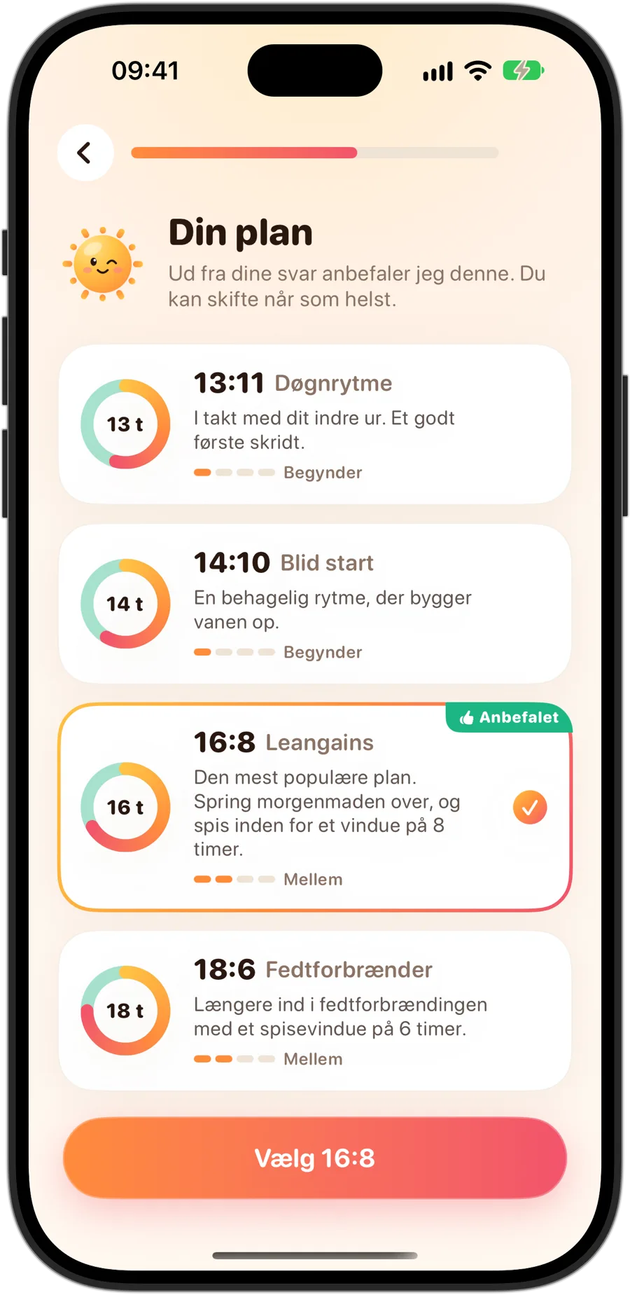 Valg af plan i Fasting Tracker på iPhone 18 Pro: 13:11 Døgnrytme, 14:10 Blid start, 16:8 Leangains, anbefalet og valgt, og 18:6 Fedtforbrænder, hver med sit niveau
