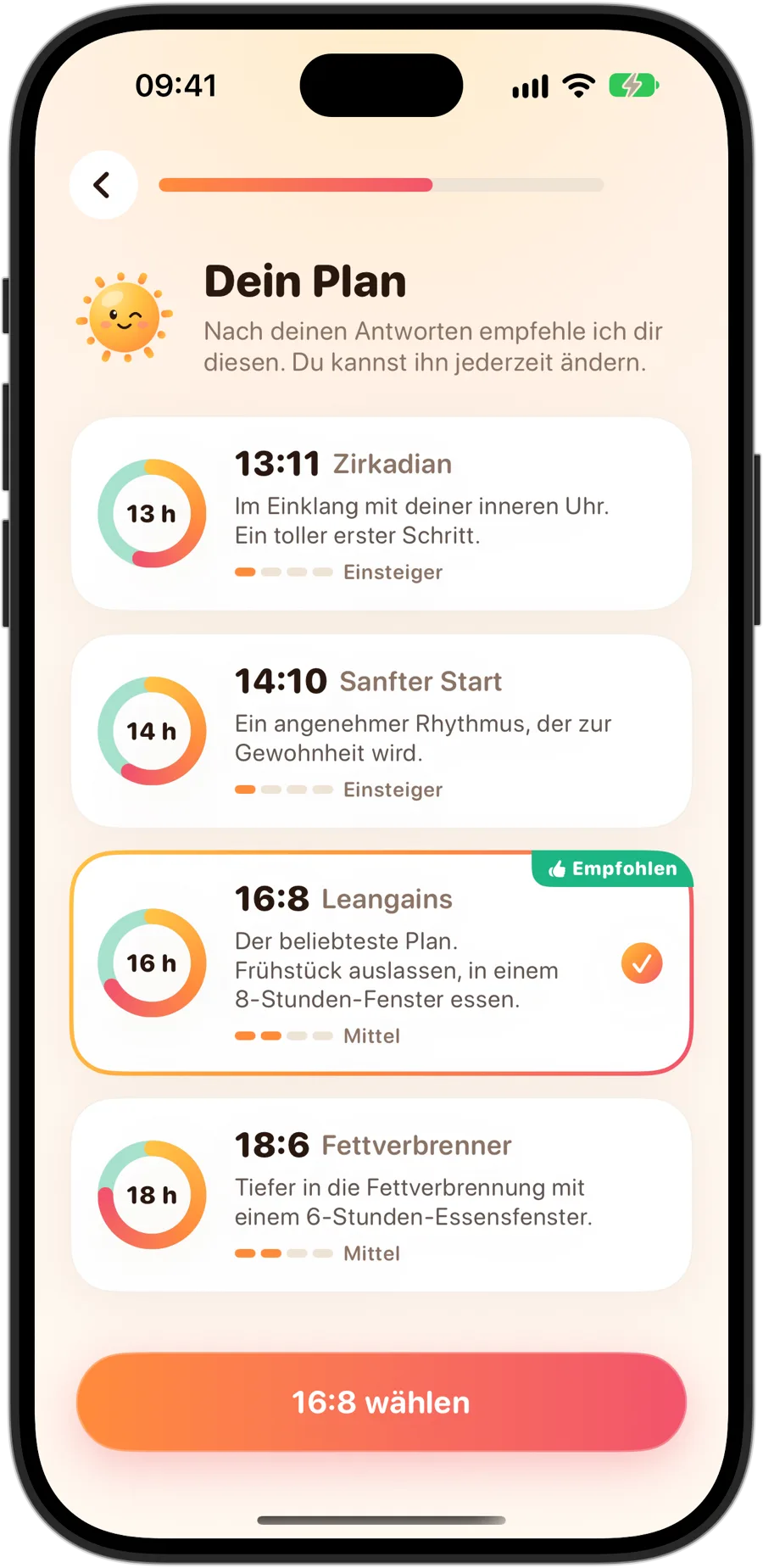 Planauswahl in Fasting Tracker auf dem iPhone 18 Pro: 13:11 Zirkadian, 14:10 Sanfter Start, 16:8 Leangains, empfohlen und ausgewählt, und 18:6 Fettverbrenner, jeweils mit Stufe