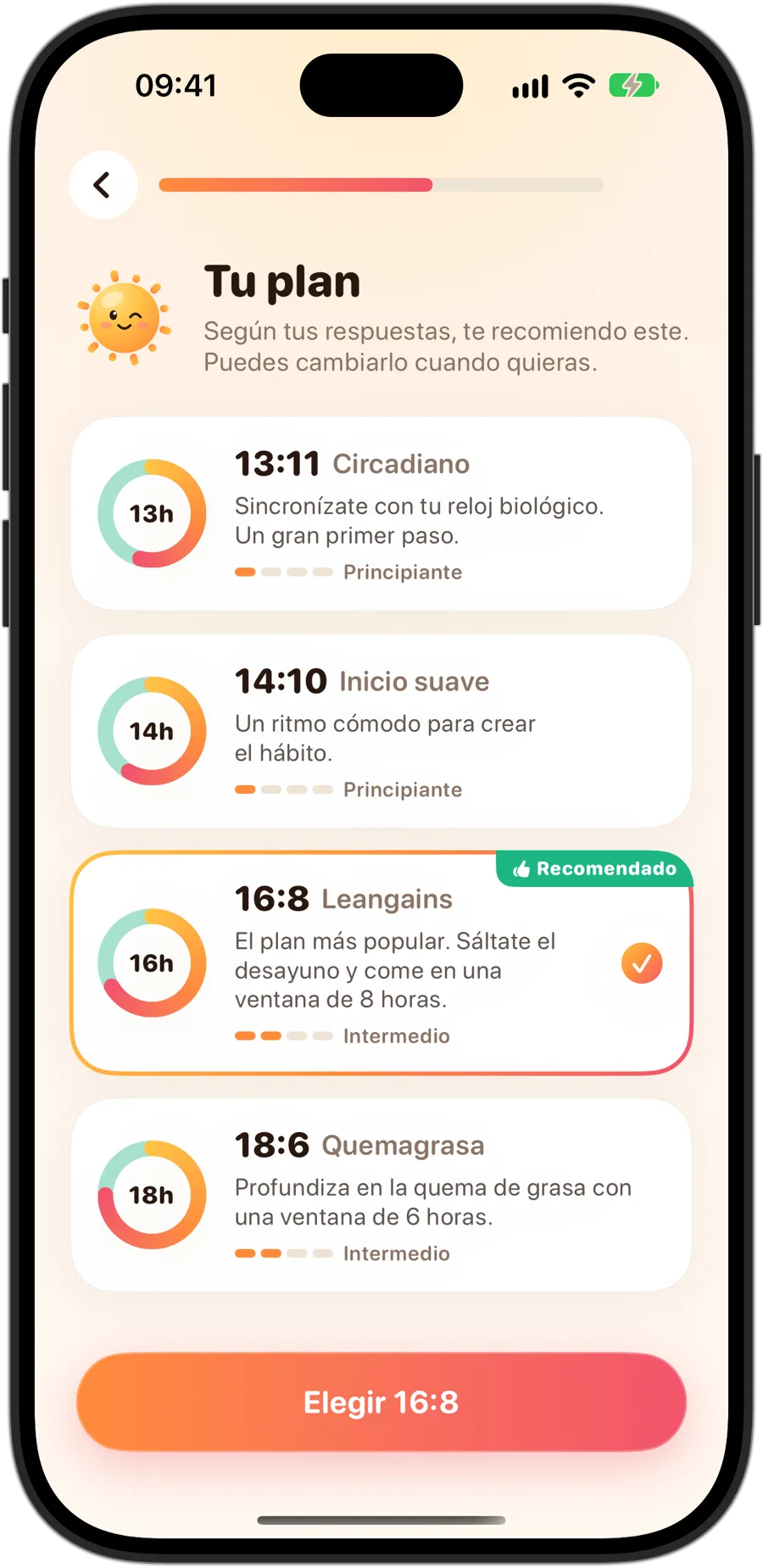 Elegir un plan en Fasting Tracker en un iPhone 18 Pro: 13:11 Circadiano, 14:10 Inicio suave, 16:8 Leangains, recomendado y seleccionado, y 18:6 Quemagrasa, cada uno con su nivel