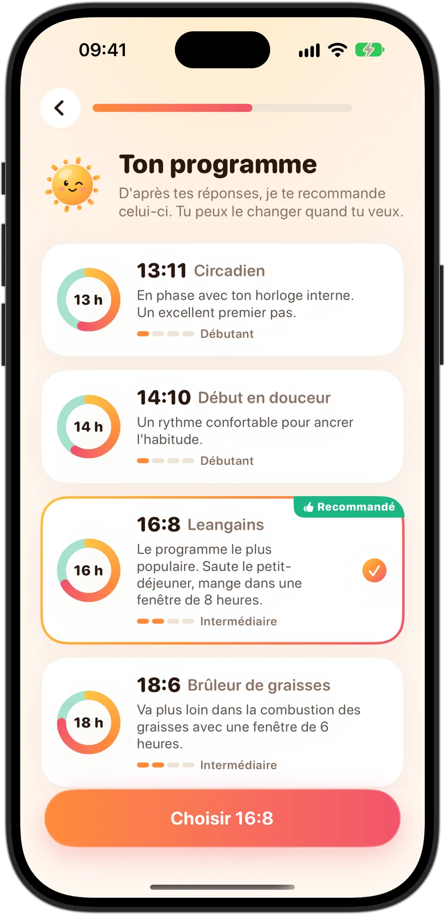 Choix d'un programme dans Fasting Tracker sur iPhone 18 Pro : 13:11 Circadien, 14:10 Début en douceur, 16:8 Leangains, recommandé et sélectionné, et 18:6 Brûleur de graisses, chacun avec son niveau