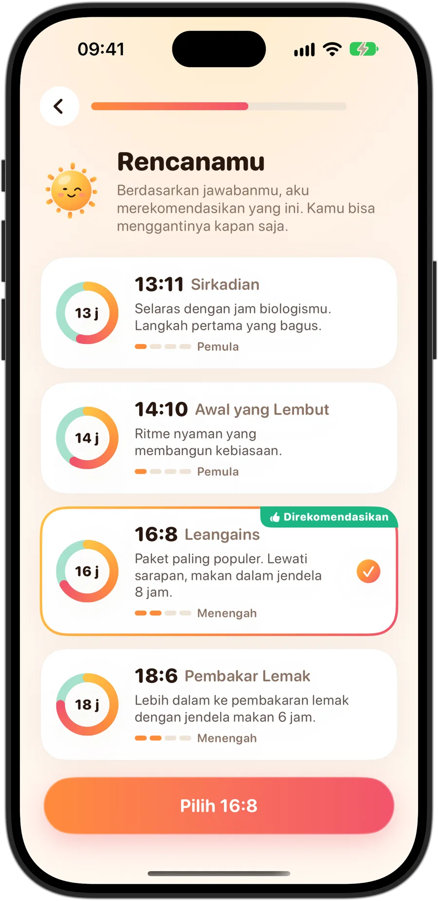 Pilihan rencana di Fasting Tracker di iPhone 18 Pro: 13:11 Sirkadian, 14:10 Awal yang Lembut, 16:8 Leangains yang direkomendasikan dan dipilih, serta 18:6 Pembakar Lemak, masing-masing dengan tingkatnya