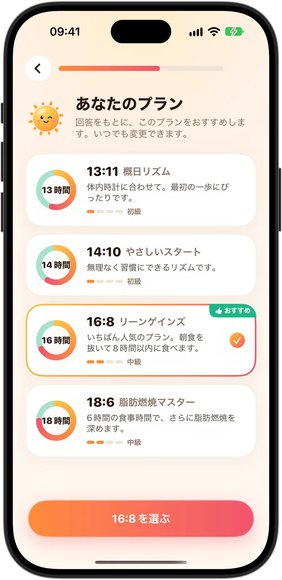 iPhone 18 ProのFasting Trackerでプランを選ぶ画面：13:11 概日リズム、14:10 やさしいスタート、おすすめとして選択された16:8 リーンゲインズ、18:6 脂肪燃焼マスター。それぞれにレベルが表示されています