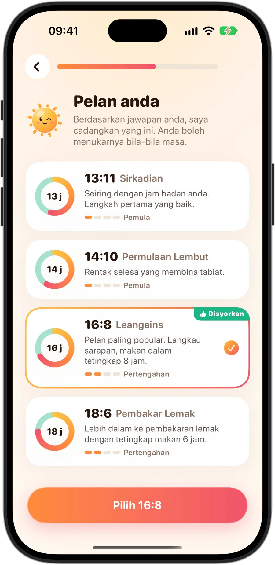 Pilihan pelan dalam Fasting Tracker pada iPhone 18 Pro: 13:11 Sirkadian, 14:10 Permulaan Lembut, 16:8 Leangains yang disyorkan dan dipilih, serta 18:6 Pembakar Lemak, masing-masing dengan tahapnya