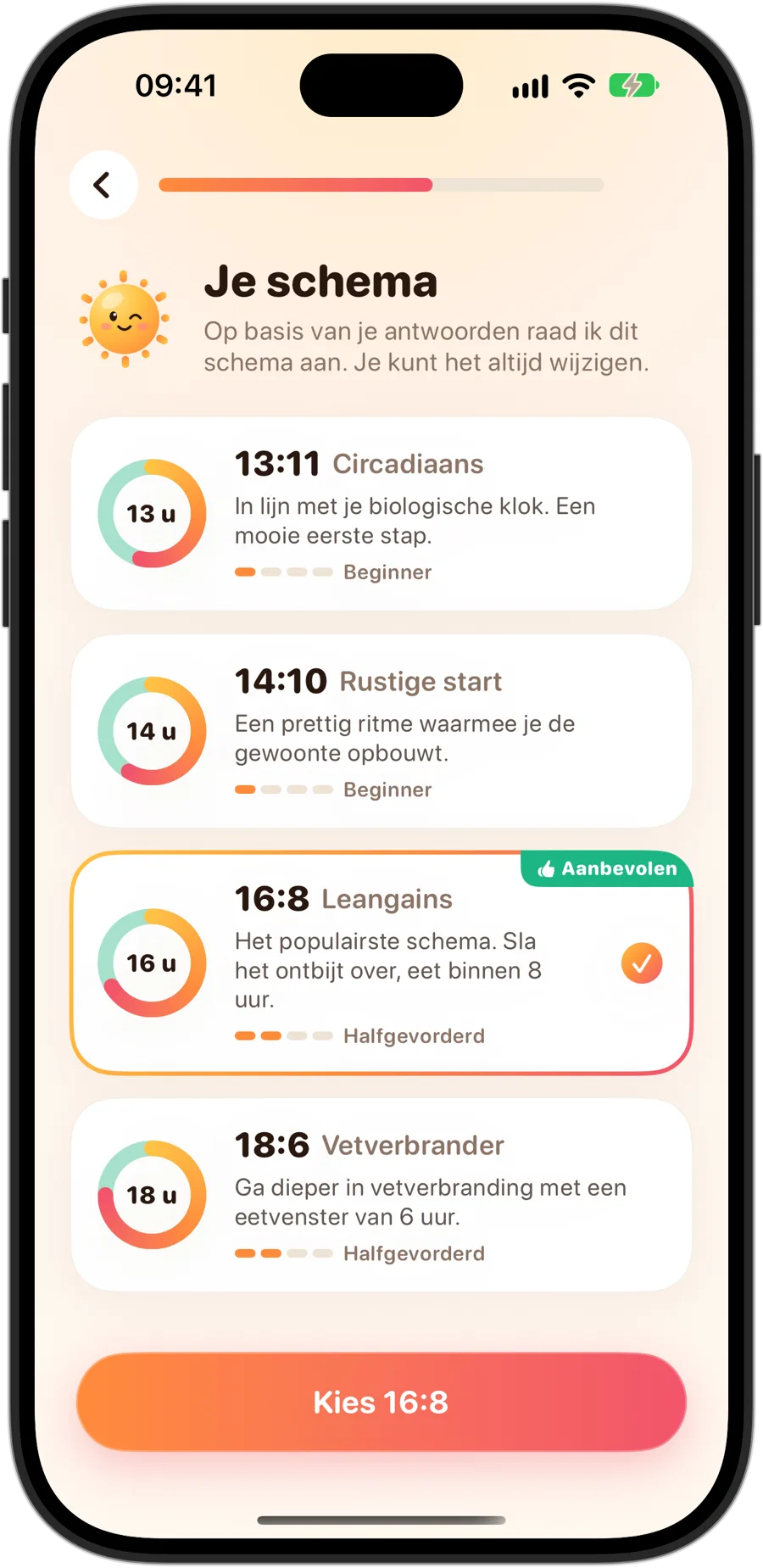 Een schema kiezen in Fasting Tracker op de iPhone 18 Pro: 13:11 Circadiaans, 14:10 Rustige start, 16:8 Leangains, aanbevolen en geselecteerd, en 18:6 Vetverbrander, elk met zijn niveau