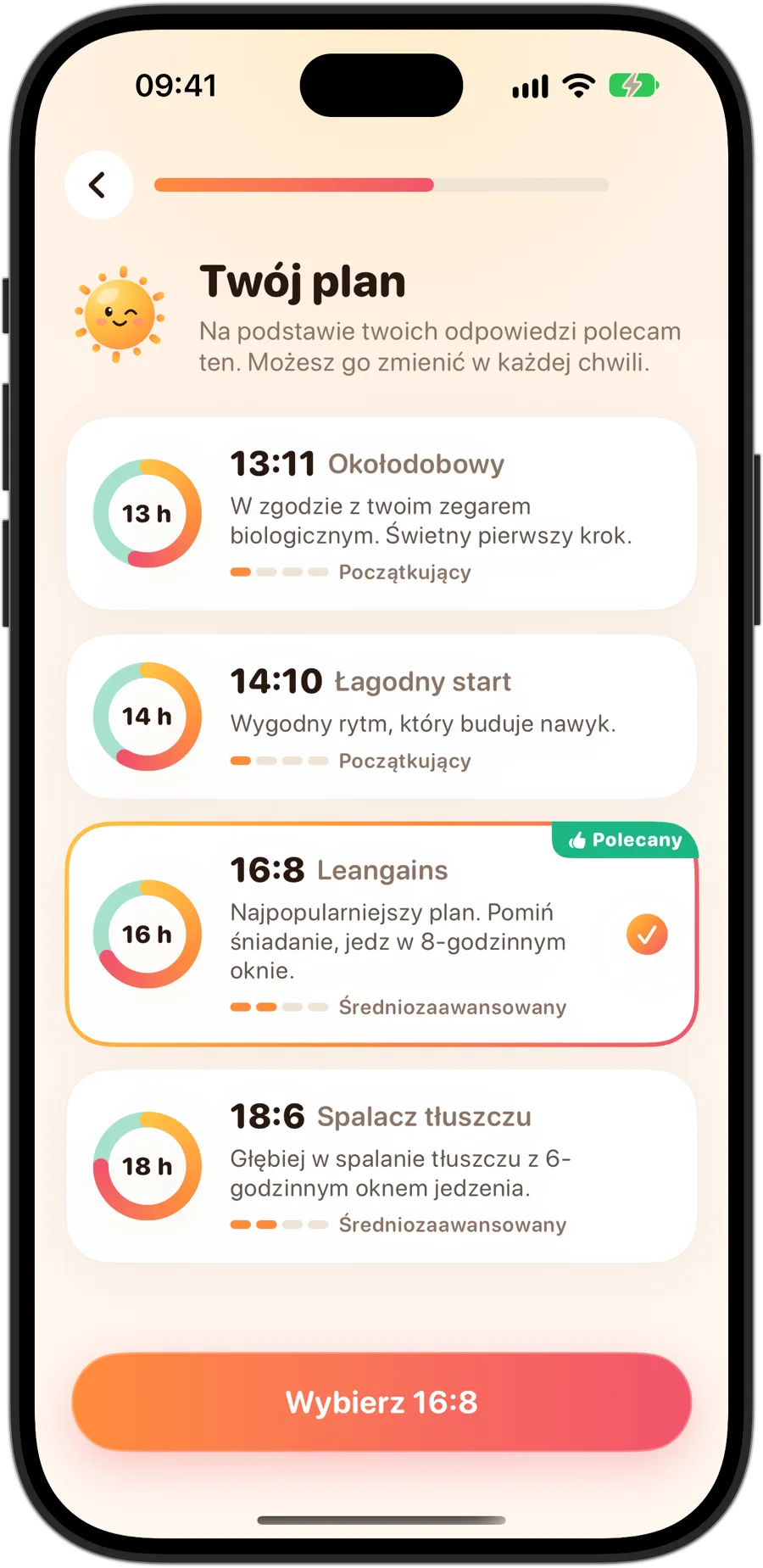 Wybór planu w Fasting Tracker na iPhonie 18 Pro: 13:11 Okołodobowy, 14:10 Łagodny start, 16:8 Leangains, polecany i wybrany, oraz 18:6 Spalacz tłuszczu, każdy ze swoim poziomem