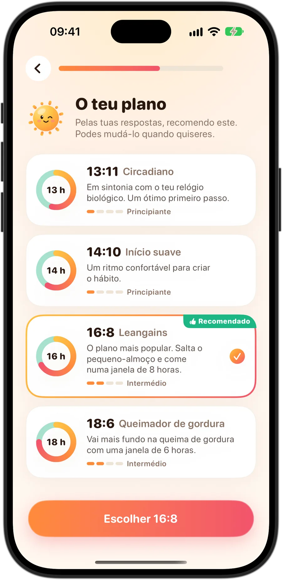 Escolha de plano no Fasting Tracker no iPhone 18 Pro: 13:11 Circadiano, 14:10 Início suave, 16:8 Leangains, recomendado e selecionado, e 18:6 Queimador de gordura, cada um com o seu nível