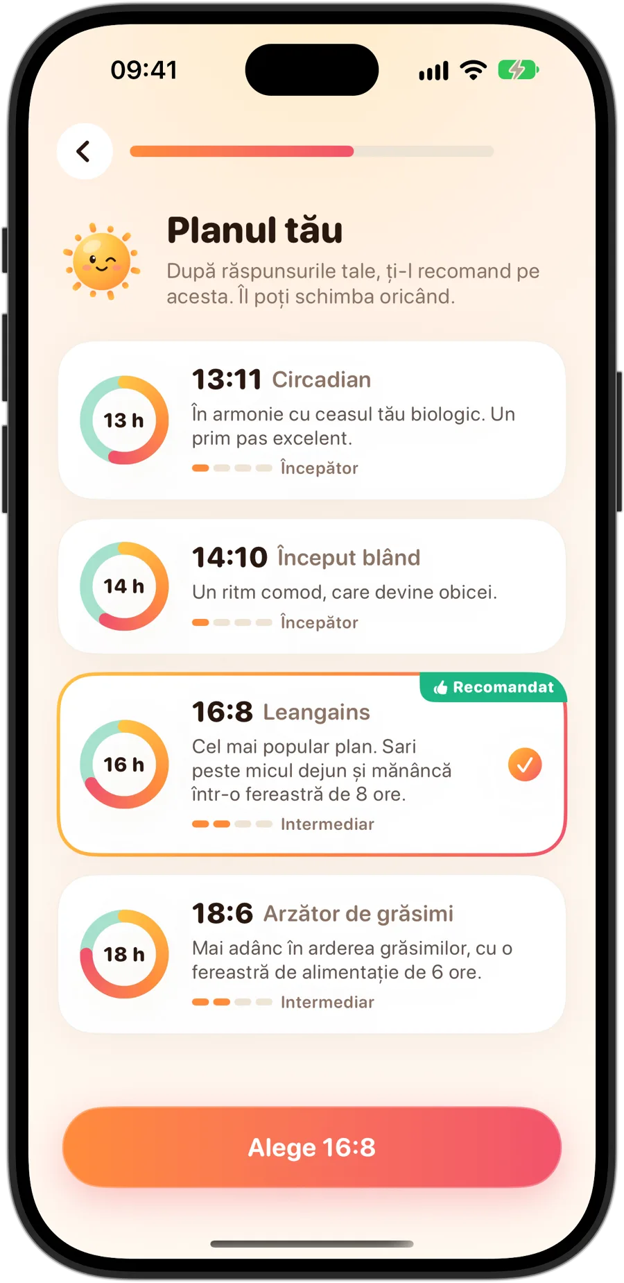 Alegerea planului în Fasting Tracker pe iPhone 18 Pro: 13:11 Circadian, 14:10 Început blând, 16:8 Leangains, recomandat și selectat, și 18:6 Arzător de grăsimi, fiecare cu nivelul său