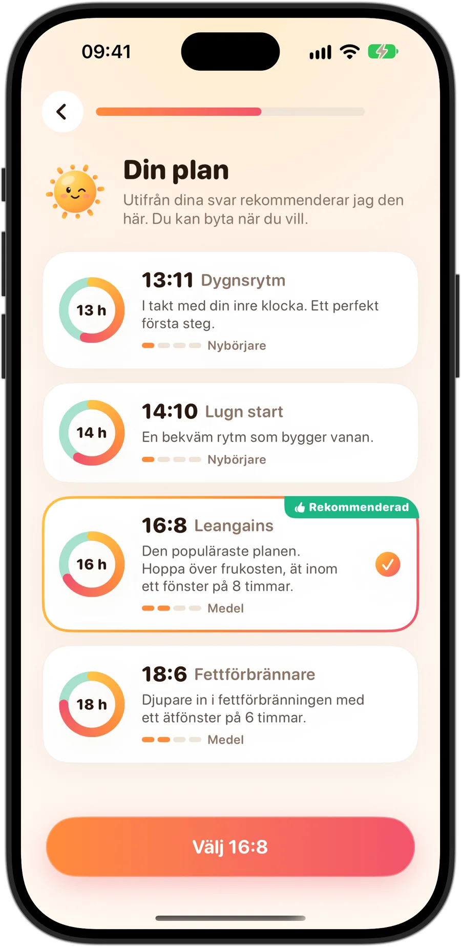 Val av plan i Fasting Tracker på iPhone 18 Pro: 13:11 Dygnsrytm, 14:10 Lugn start, 16:8 Leangains, rekommenderad och vald, och 18:6 Fettförbrännare, var och en med sin nivå