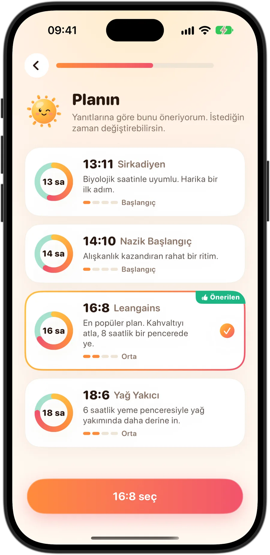 iPhone 18 Pro'da Fasting Tracker'da plan seçimi: 13:11 Sirkadiyen, 14:10 Nazik Başlangıç, önerilen ve seçili 16:8 Leangains ve 18:6 Yağ Yakıcı, her biri kendi seviyesiyle