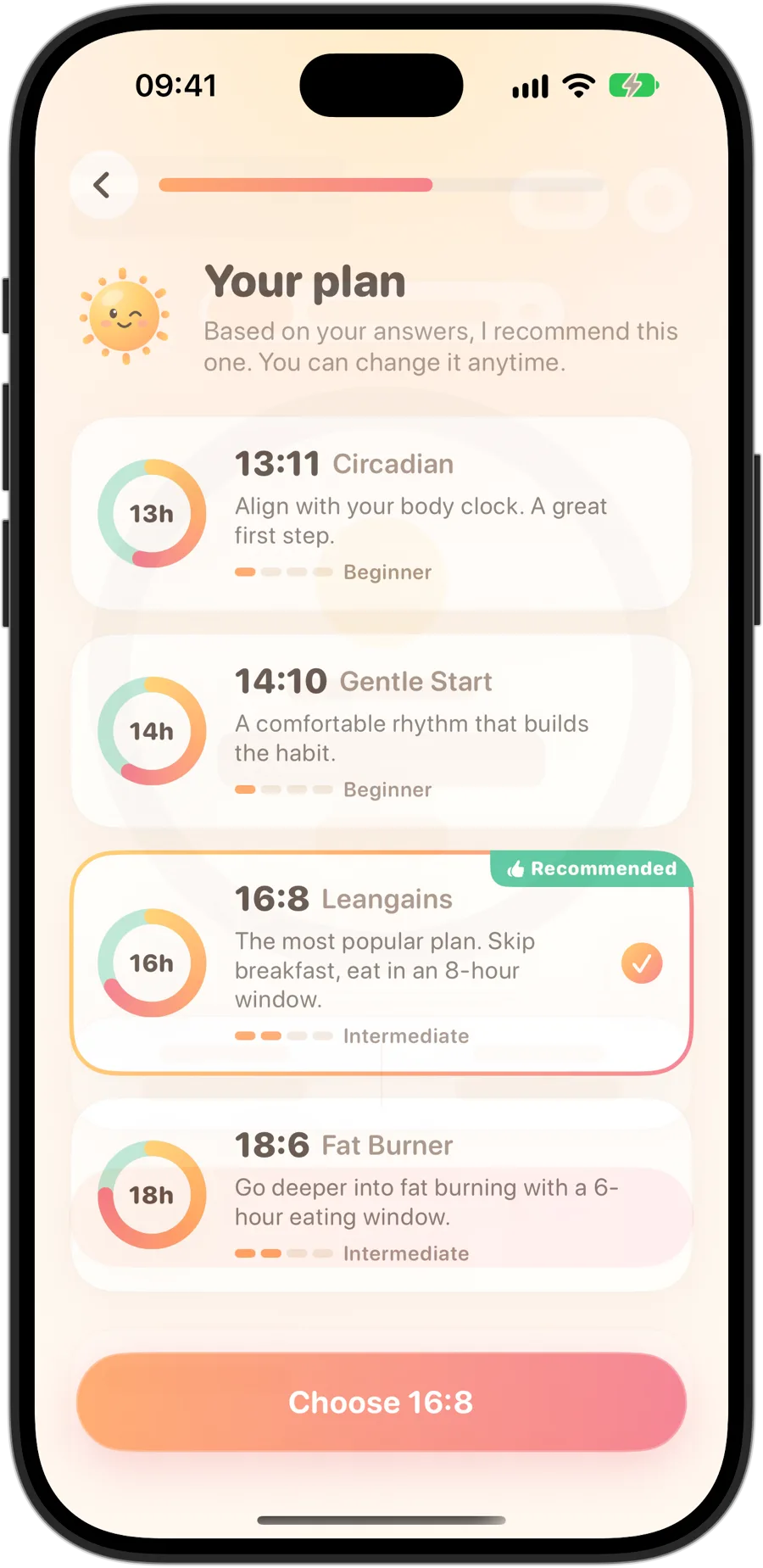 Choosing a plan in Fasting Tracker on iPhone 18 Pro: 13:11 Circadian, 14:10 Gentle Start, 16:8 Leangains, recommended and selected, and 18:6 Fat Burner, each with its level