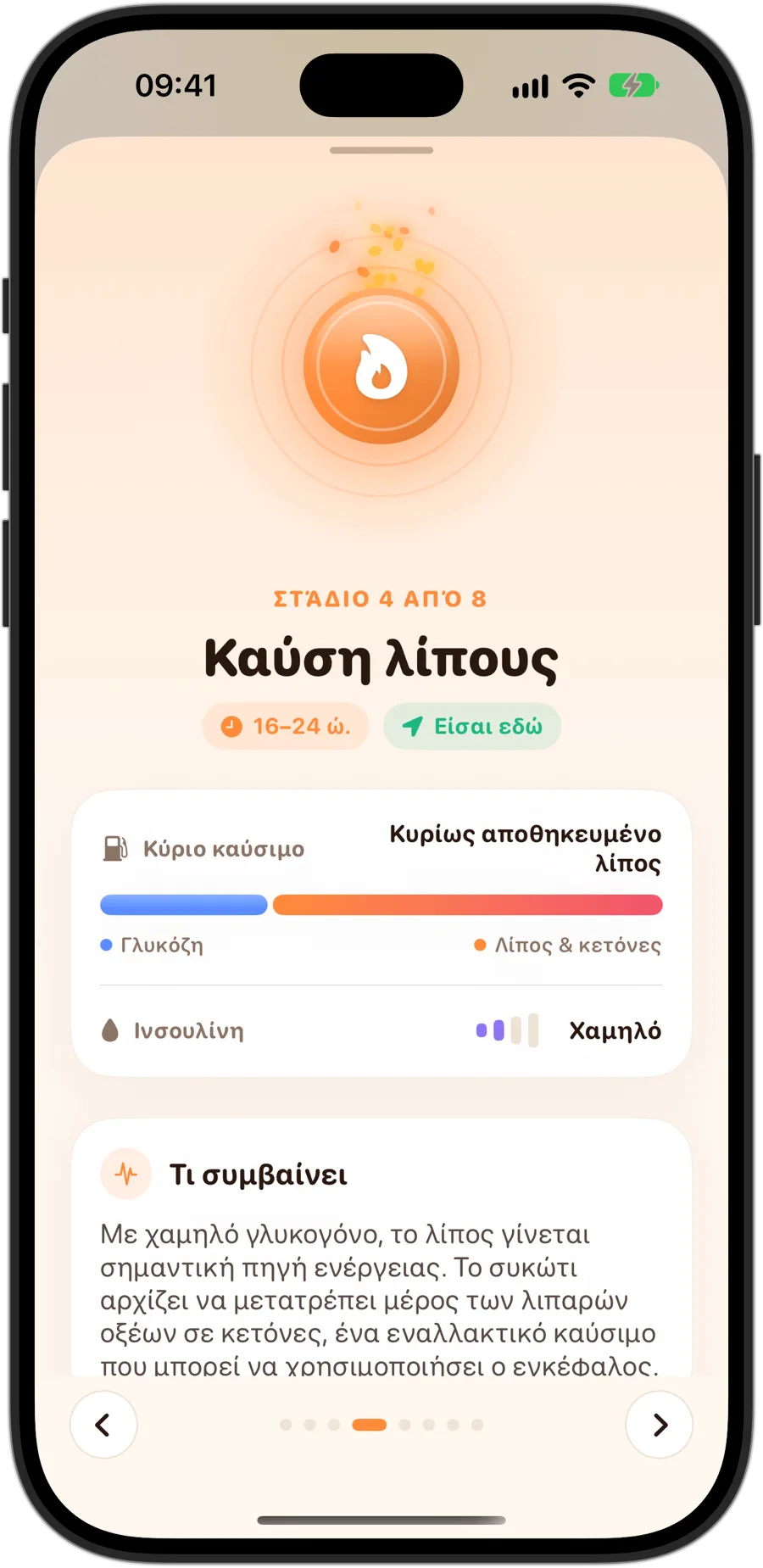 Το στάδιο Καύση λίπους στο Fasting Tracker σε iPhone 18 Pro: στάδιο 4 από 8, από 16 έως 24 ώρες, κύριο καύσιμο κυρίως το αποθηκευμένο λίπος, χαμηλή ινσουλίνη και τι συμβαίνει στο σώμα σου