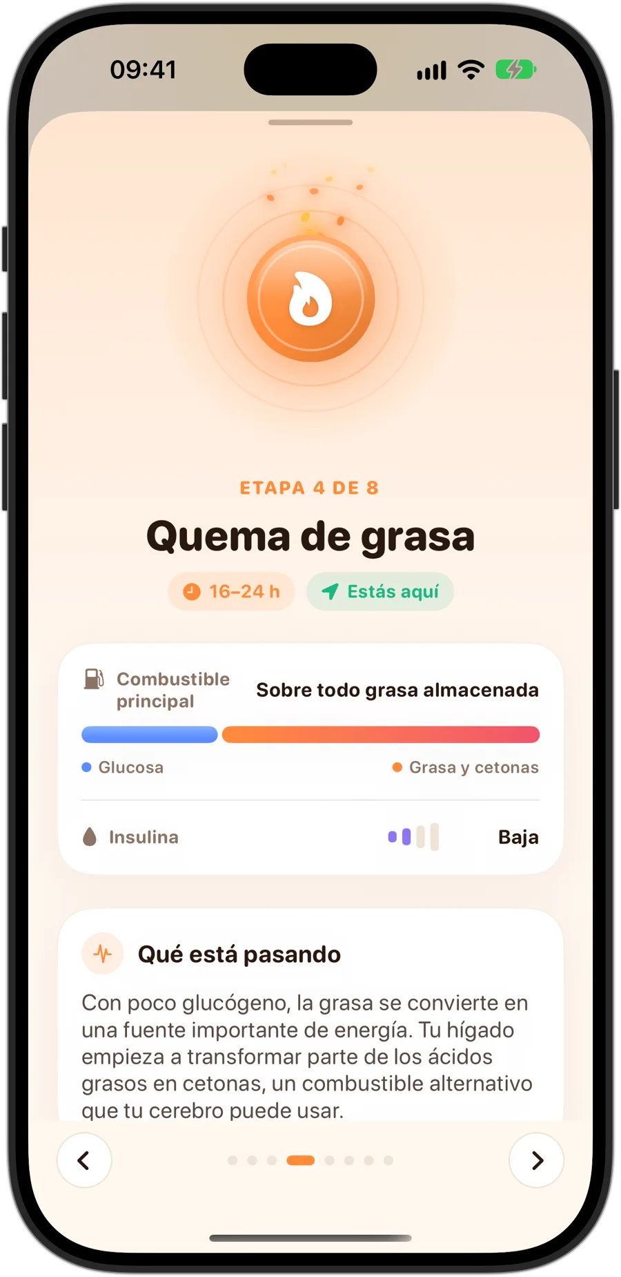 La etapa de Quema de grasa en Fasting Tracker en un iPhone 18 Pro: etapa 4 de 8, de 16 a 24 horas, sobre todo grasa almacenada como combustible principal, insulina baja y qué está pasando en tu cuerpo