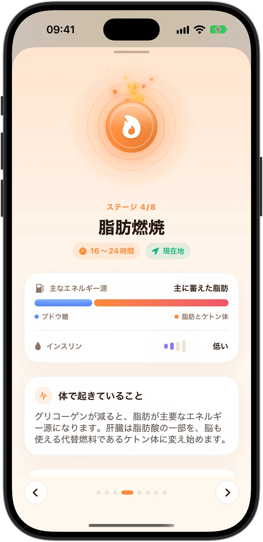 iPhone 18 ProのFasting Trackerの脂肪燃焼ステージ：8つ中4番目のステージ、16〜24時間、主な燃料はたくわえた脂肪、インスリンは低く、体の中で起きていることの説明