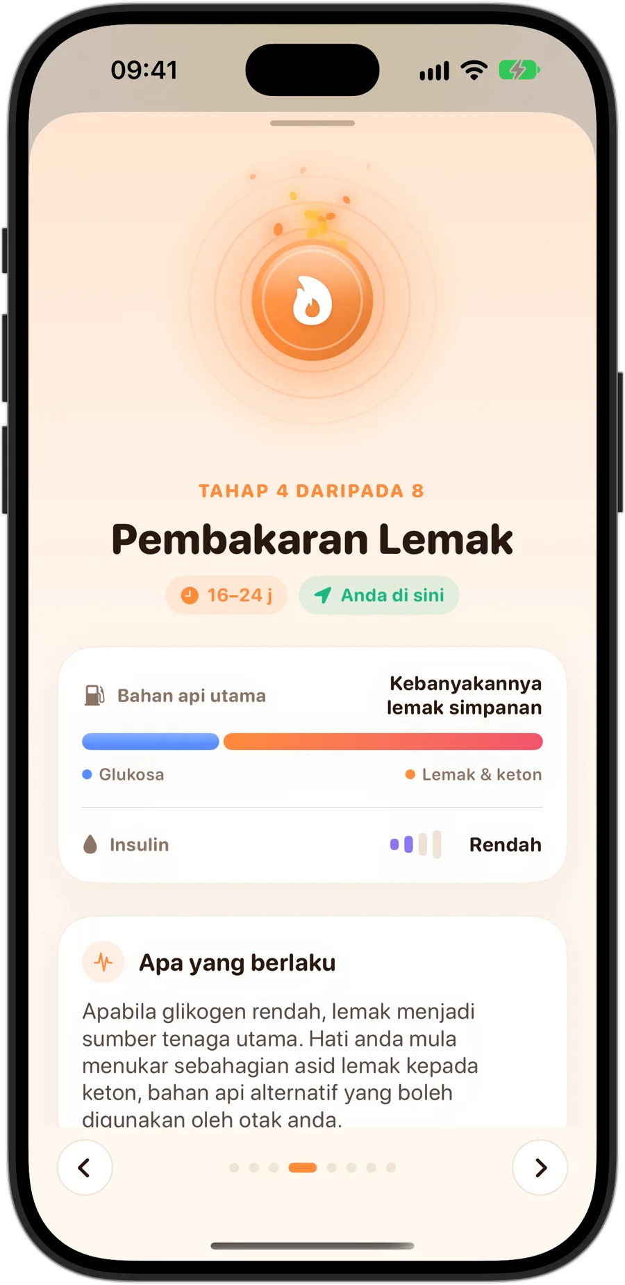 Tahap Pembakaran Lemak dalam Fasting Tracker pada iPhone 18 Pro: tahap 4 daripada 8, 16 hingga 24 jam, bahan api utama kebanyakannya lemak yang tersimpan, insulin rendah dan apa yang berlaku dalam badan anda