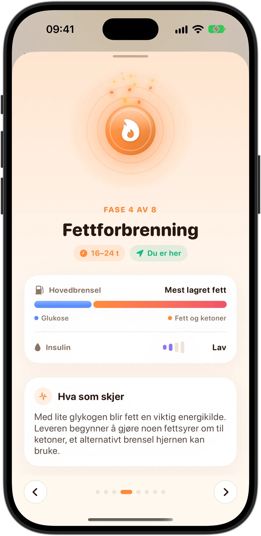 Fasen Fettforbrenning i Fasting Tracker på iPhone 18 Pro: fase 4 av 8, 16 til 24 timer, mest lagret fett som hovedbrensel, lavt insulin og hva som skjer i kroppen