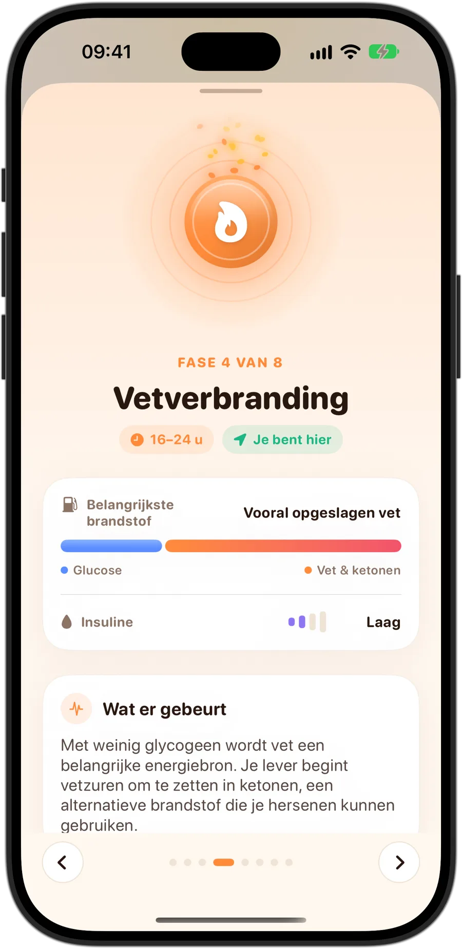 De fase Vetverbranding in Fasting Tracker op de iPhone 18 Pro: fase 4 van 8, 16 tot 24 uur, vooral opgeslagen vet als belangrijkste brandstof, lage insuline en wat er in je lichaam gebeurt