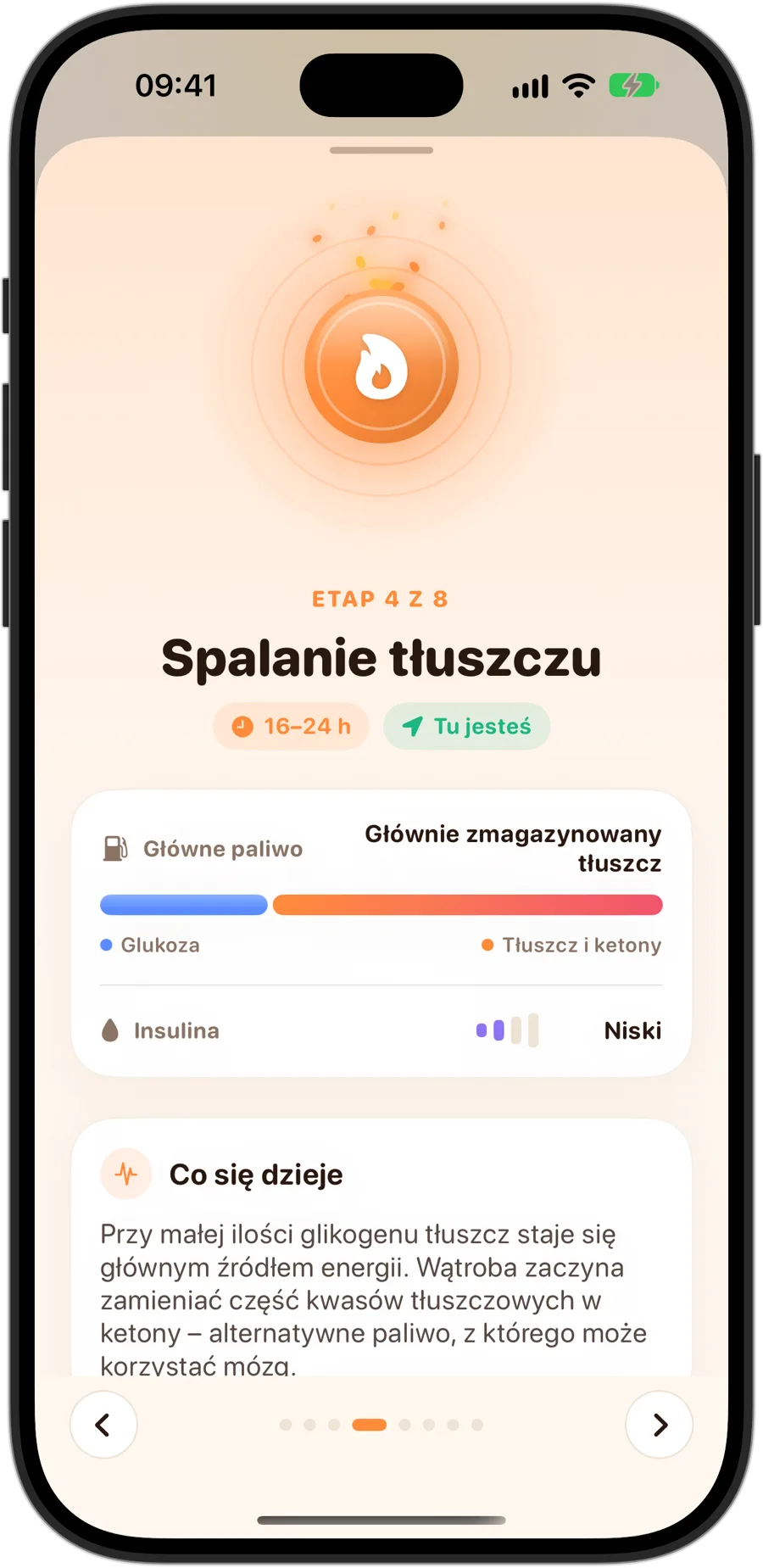 Etap Spalanie tłuszczu w Fasting Tracker na iPhonie 18 Pro: etap 4 z 8, od 16 do 24 godzin, głównym paliwem jest głównie zmagazynowany tłuszcz, niska insulina i co dzieje się w ciele