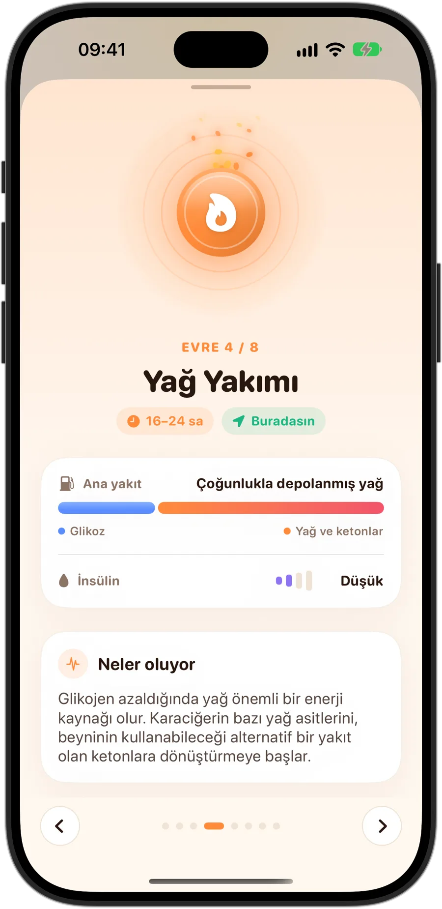 iPhone 18 Pro'da Fasting Tracker'da Yağ Yakımı evresi: 8 evrenin 4'üncüsü, 16-24 saat, ana yakıt olarak çoğunlukla depolanmış yağ, düşük insülin ve vücudunda neler olduğu