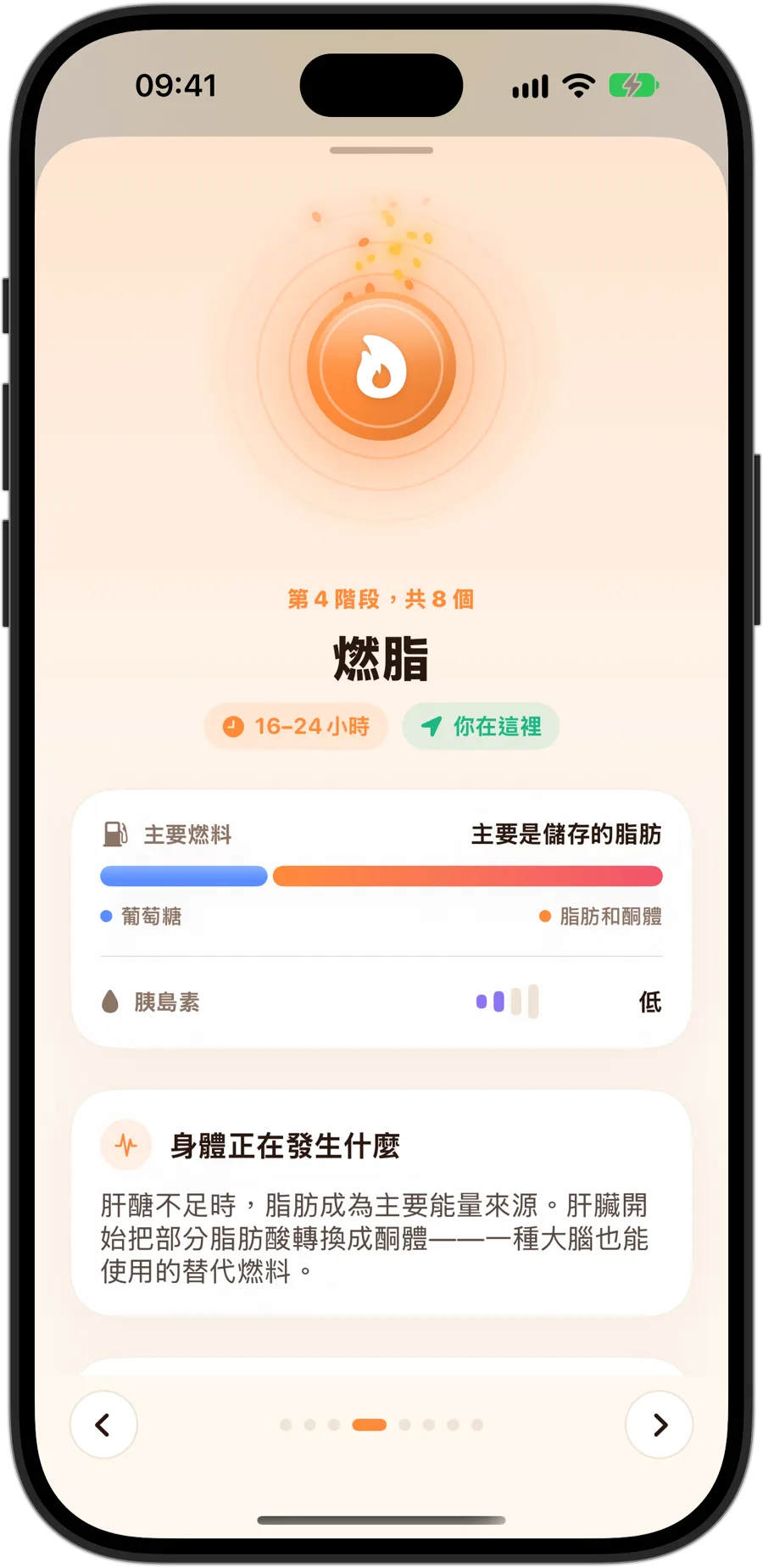 iPhone 18 Pro 上 Fasting Tracker 中的燃脂階段：8 個階段中的第 4 個，16 至 24 小時，主要燃料是儲存的脂肪，胰島素低，以及身體裡正在發生什麼