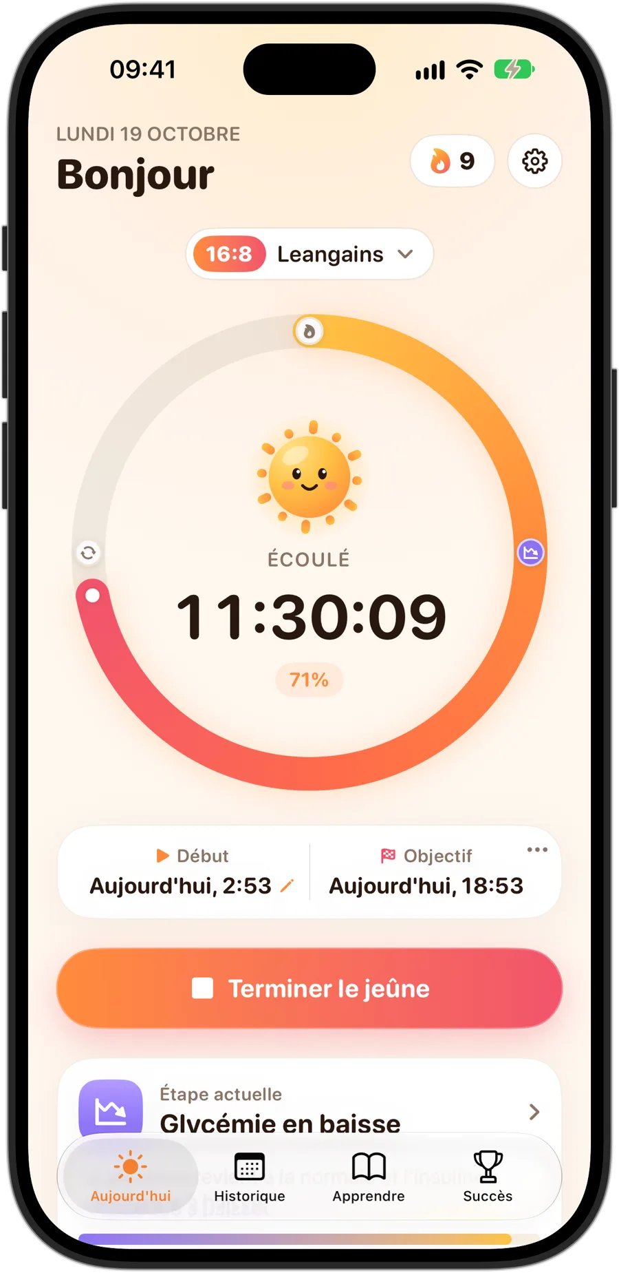 Fasting Tracker sur iPhone 18 Pro pendant un jeûne 16:8 : Sunny au centre de l'anneau, le temps écoulé et la part de l'objectif, une série de 9 jours et l'étape actuelle, Glycémie en baisse