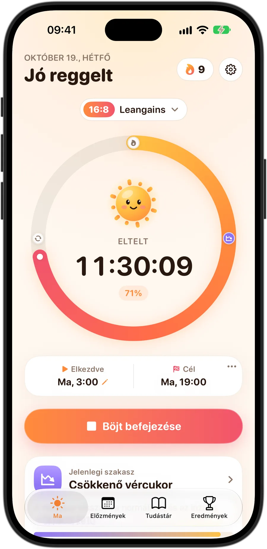A Fasting Tracker iPhone 18 Prón egy 16:8-as böjt közben: Sunny a gyűrű közepén, az eltelt idő és a cél teljesült része, 9 napos sorozat és az aktuális szakasz, Csökkenő vércukor