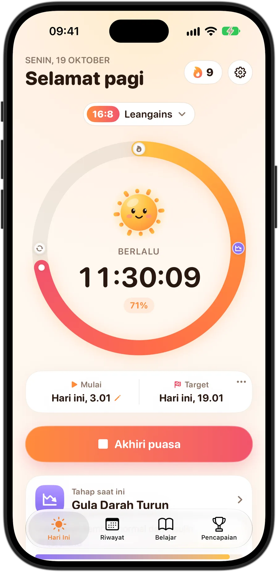 Fasting Tracker di iPhone 18 Pro saat puasa 16:8: Sunny di tengah cincin, waktu yang sudah berlalu dan persentase target, runtunan 9 hari, dan tahap saat ini, Gula Darah Turun