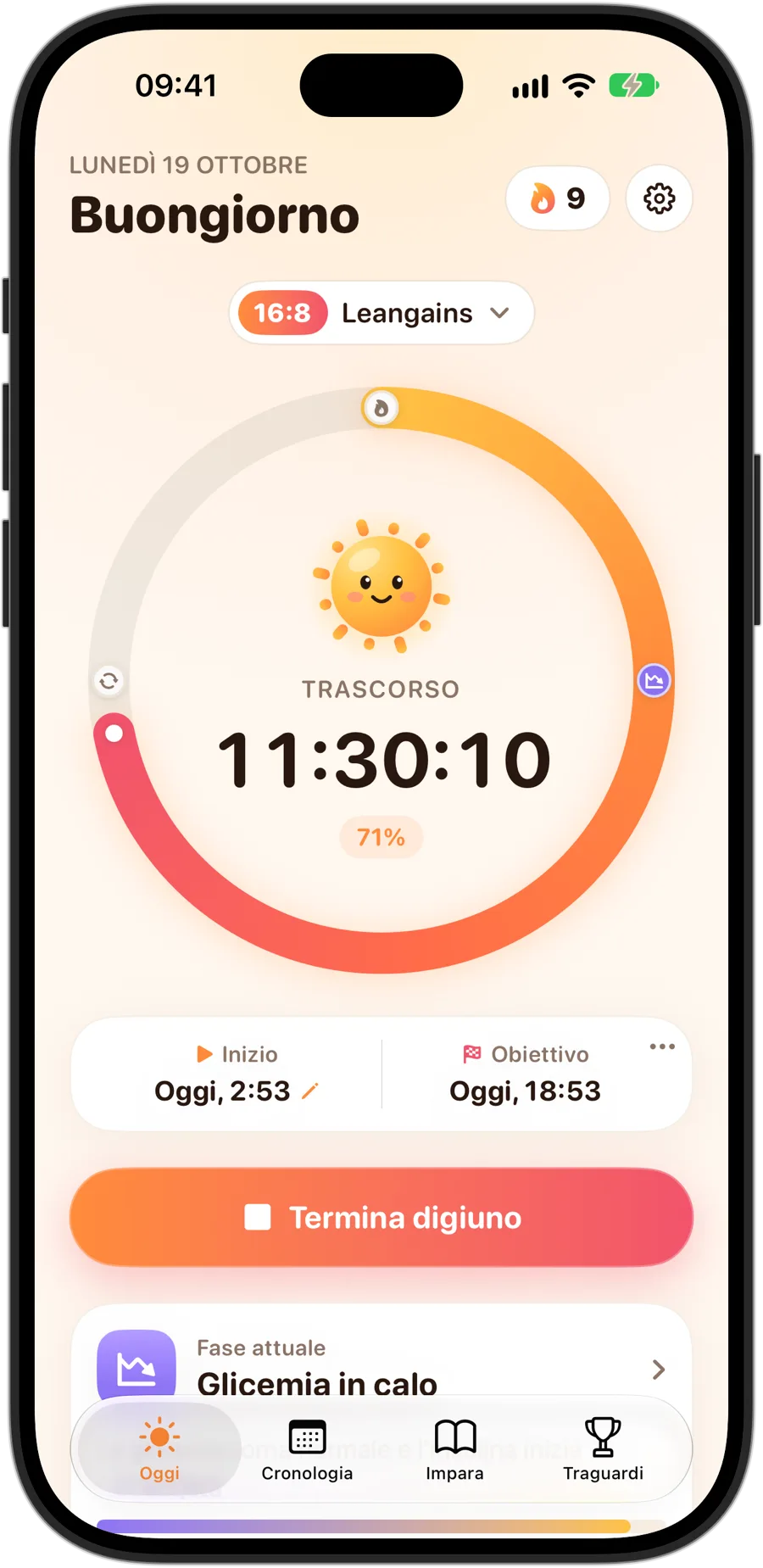 Fasting Tracker su iPhone 18 Pro durante un digiuno 16:8: Sunny al centro dell'anello, il tempo trascorso e la percentuale dell'obiettivo, una serie di 9 giorni e la fase attuale, Glicemia in calo
