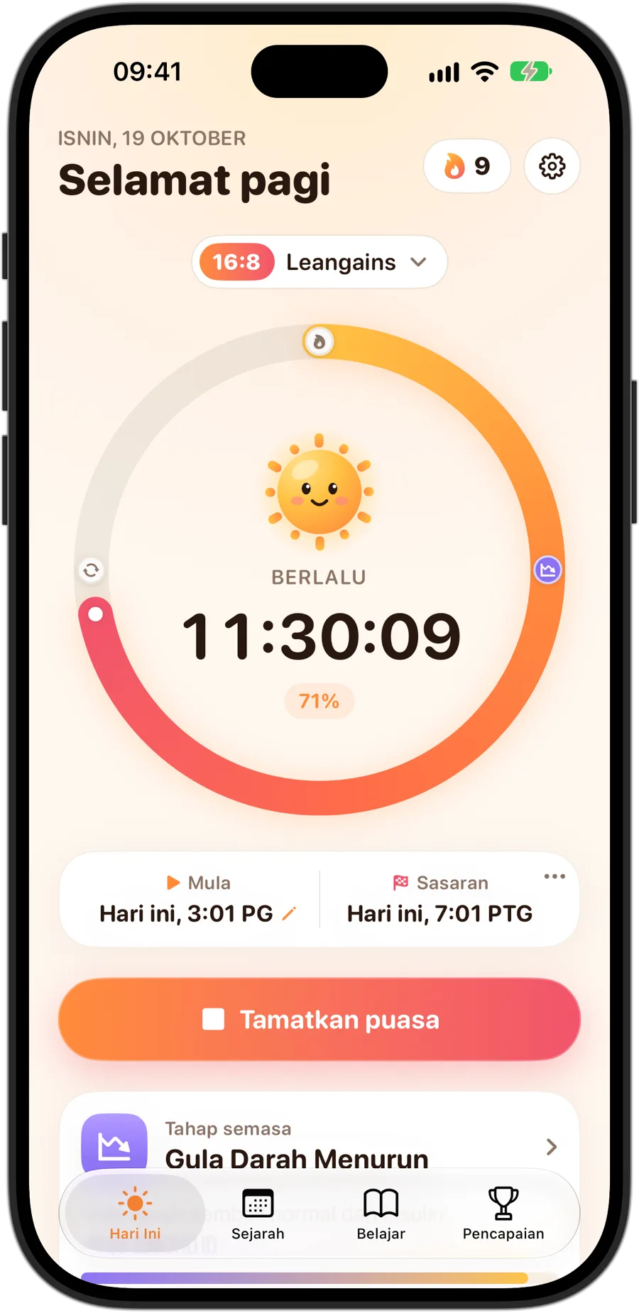 Fasting Tracker pada iPhone 18 Pro semasa puasa 16:8: Sunny di tengah cincin, masa yang telah berlalu dan peratusan sasaran, rentetan 9 hari dan peringkat semasa, Gula Darah Menurun