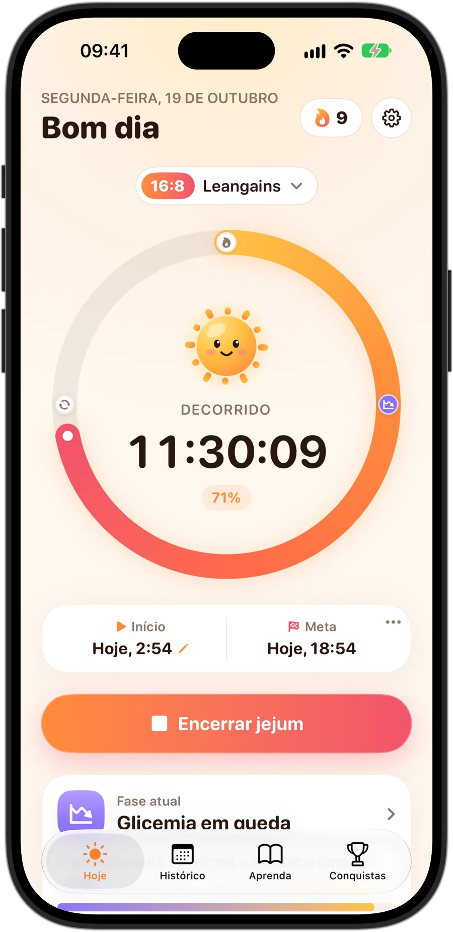Fasting Tracker no iPhone 18 Pro durante um jejum 16:8: Sunny no meio do anel, 11 horas e 30 minutos decorridos, 71% da meta, uma sequência de 9 dias e a fase atual, Glicemia em queda
