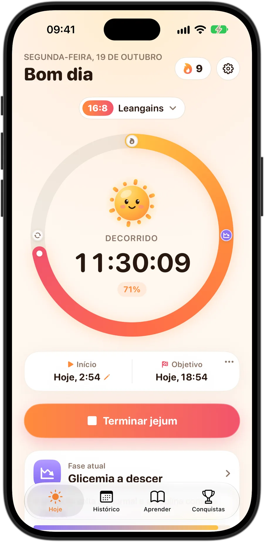 Fasting Tracker no iPhone 18 Pro durante um jejum 16:8: Sunny no meio do anel, 11 horas e 30 minutos decorridos, 71% do objetivo, uma sequência de 9 dias e a fase atual, Glicemia a descer