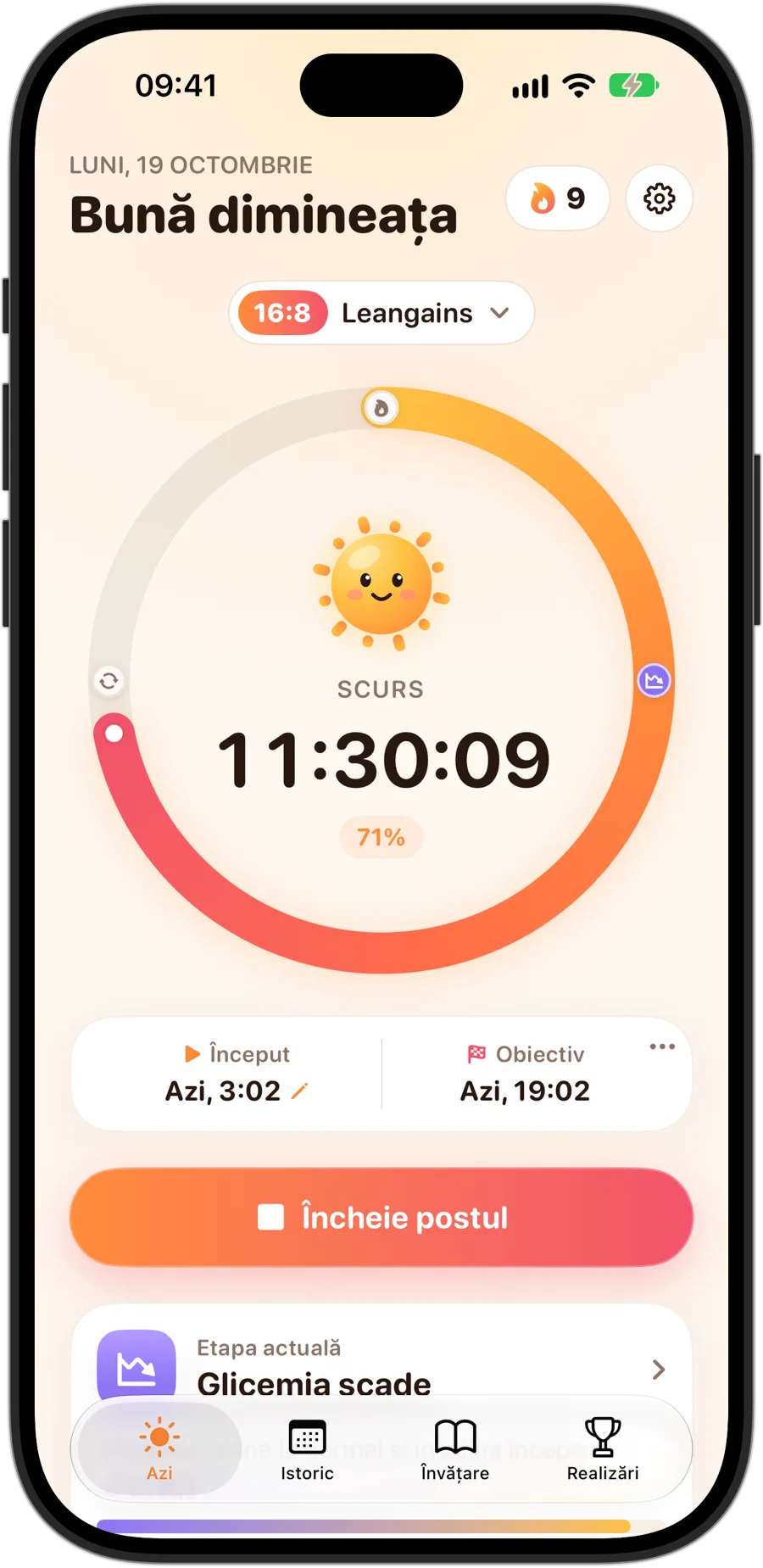 Fasting Tracker pe iPhone 18 Pro în timpul unui post 16:8: Sunny în mijlocul inelului, timpul scurs și procentul din obiectiv, o serie de 9 zile și etapa actuală, Glicemia scade