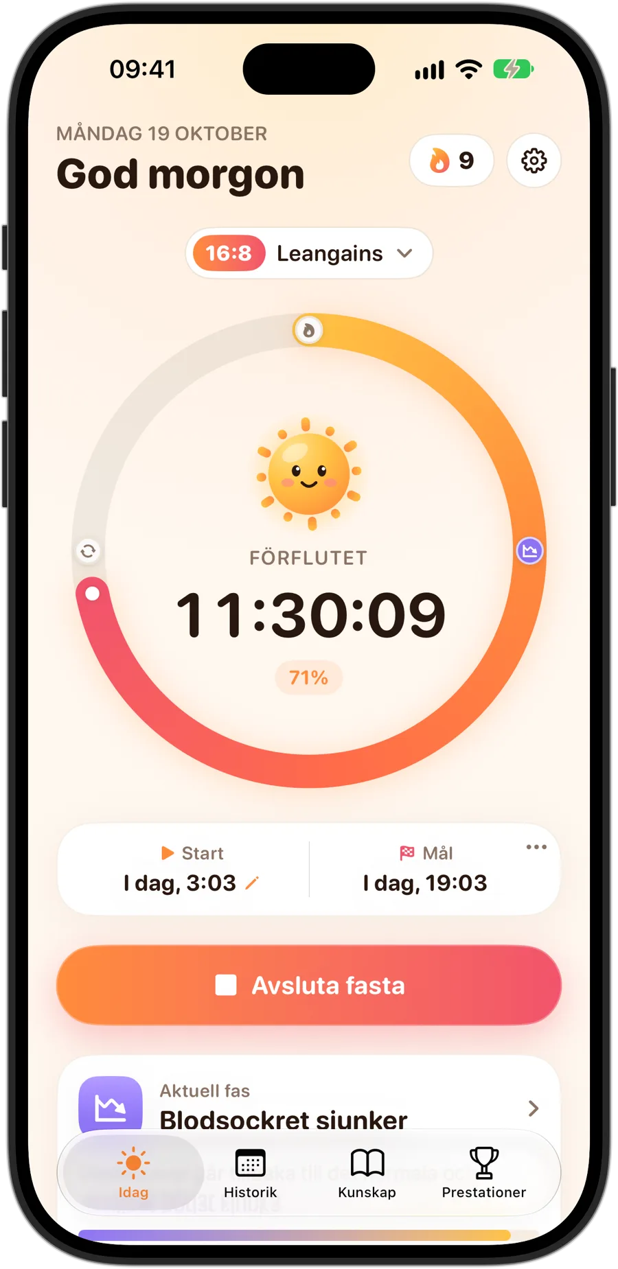 Fasting Tracker på iPhone 18 Pro under en 16:8-fasta: Sunny i mitten av ringen, tiden som gått och andelen av målet, en svit på 9 dagar och det aktuella skedet, Blodsockret sjunker